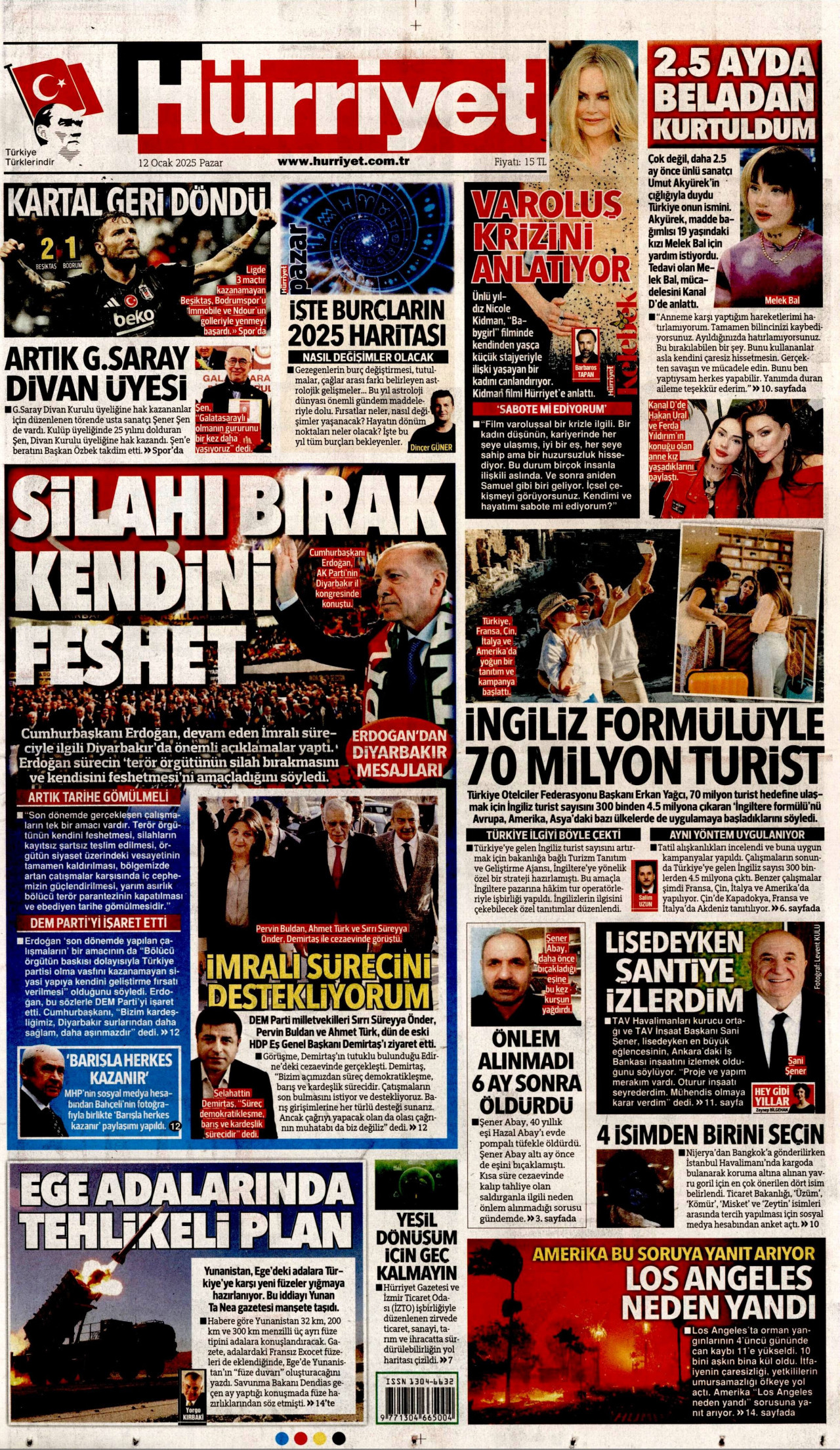 HÜRRİYET gazetesinin 12 Ocak 2025 tarihli birinci sayfası