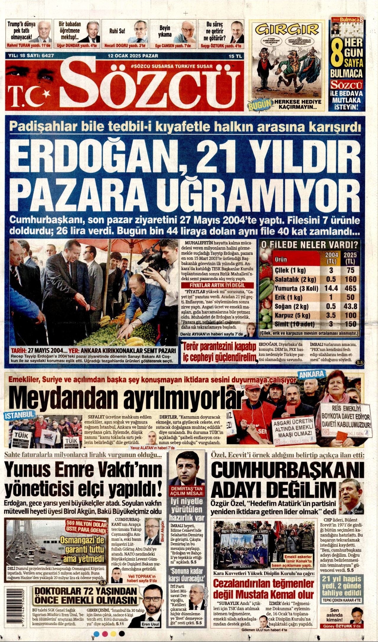 SÖZCÜ gazetesinin 12 Ocak 2025 tarihli birinci sayfası