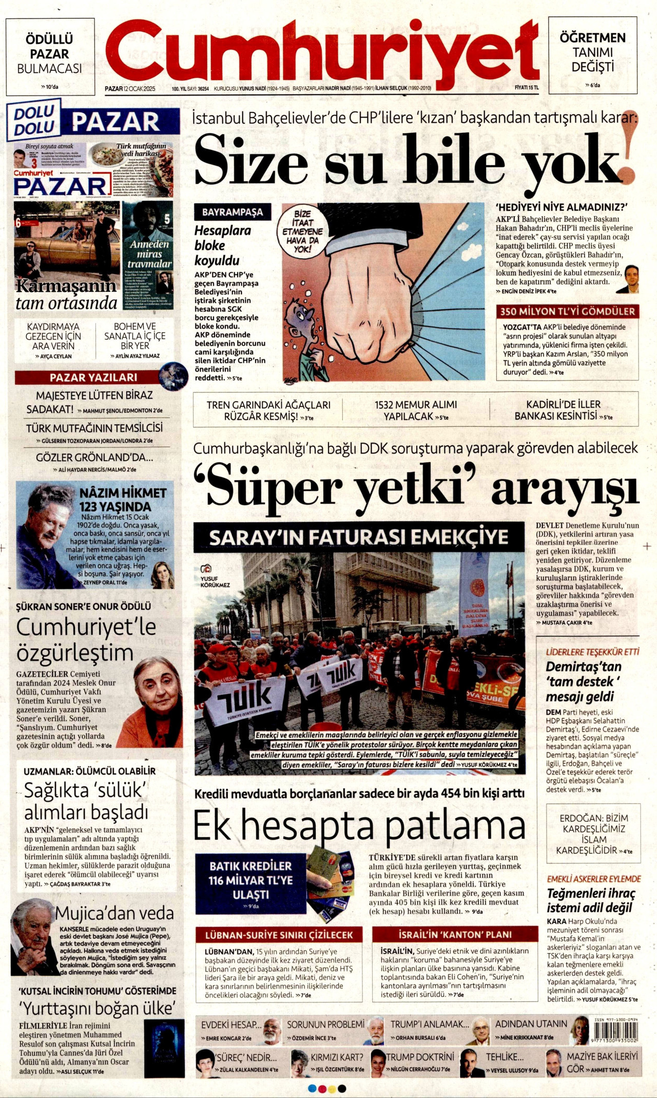 CUMHURİYET gazetesinin 12 Ocak 2025 tarihli birinci sayfası