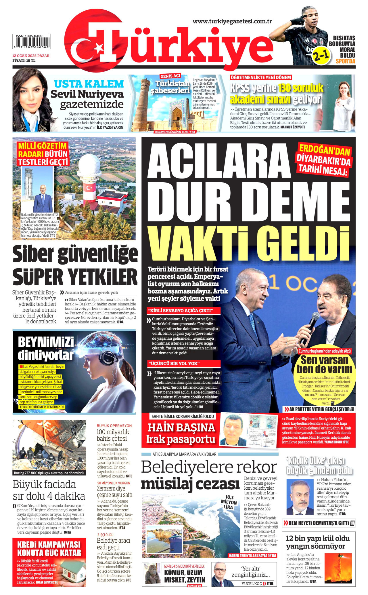TÜRKİYE GAZETESİ gazetesinin 12 Ocak 2025 tarihli birinci sayfası