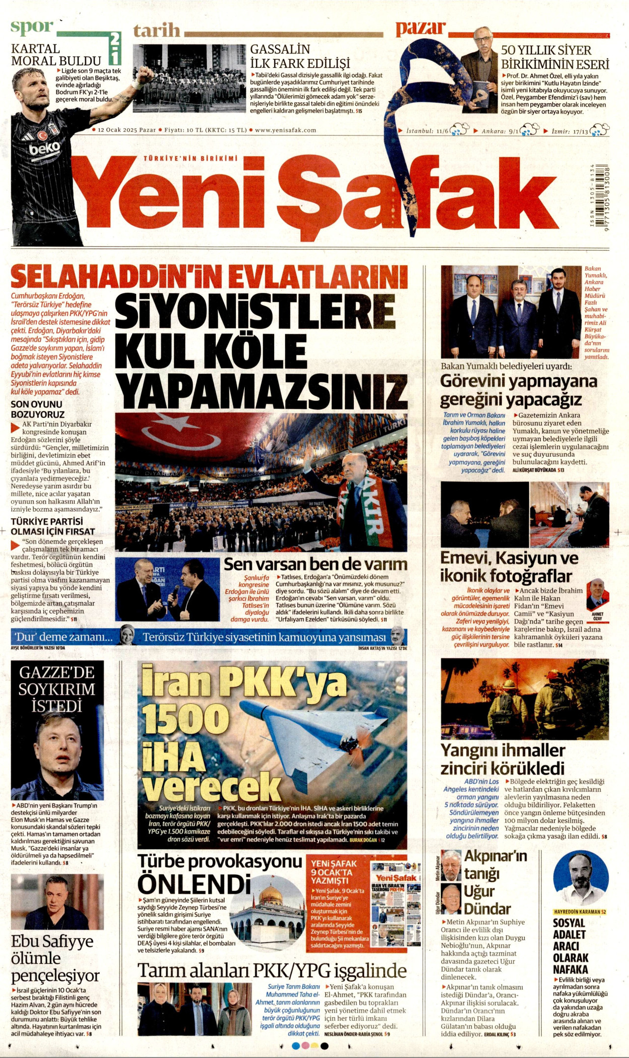 YENİ ŞAFAK gazetesinin 12 Ocak 2025 tarihli birinci sayfası