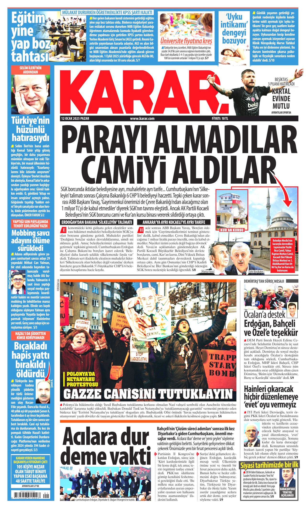 KARAR gazetesinin 12 Ocak 2025 tarihli birinci sayfası