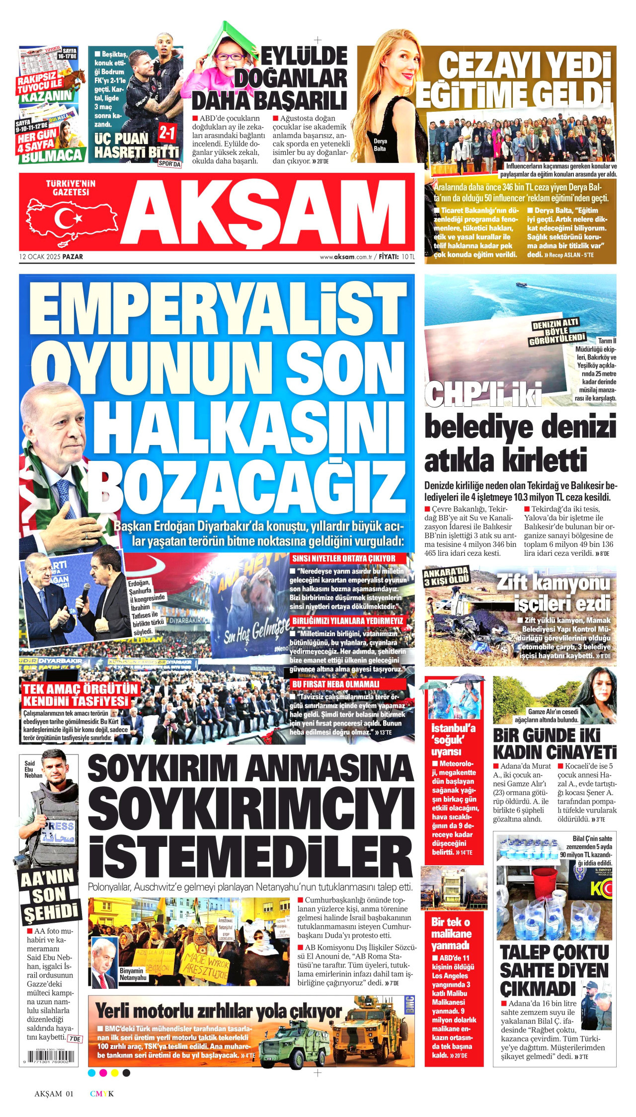 AKŞAM gazetesinin 12 Ocak 2025 tarihli birinci sayfası