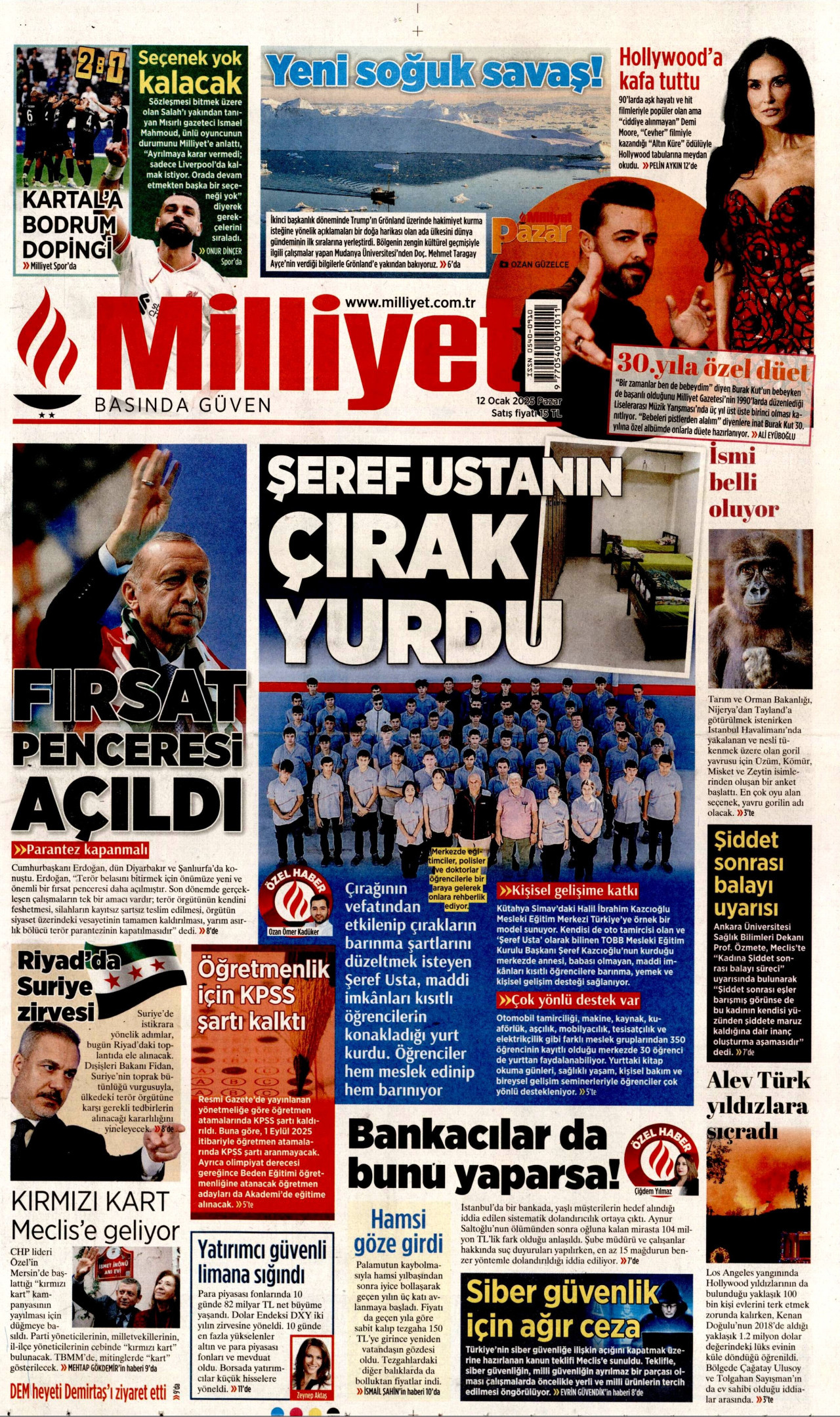 MİLLİYET gazetesinin 12 Ocak 2025 tarihli birinci sayfası