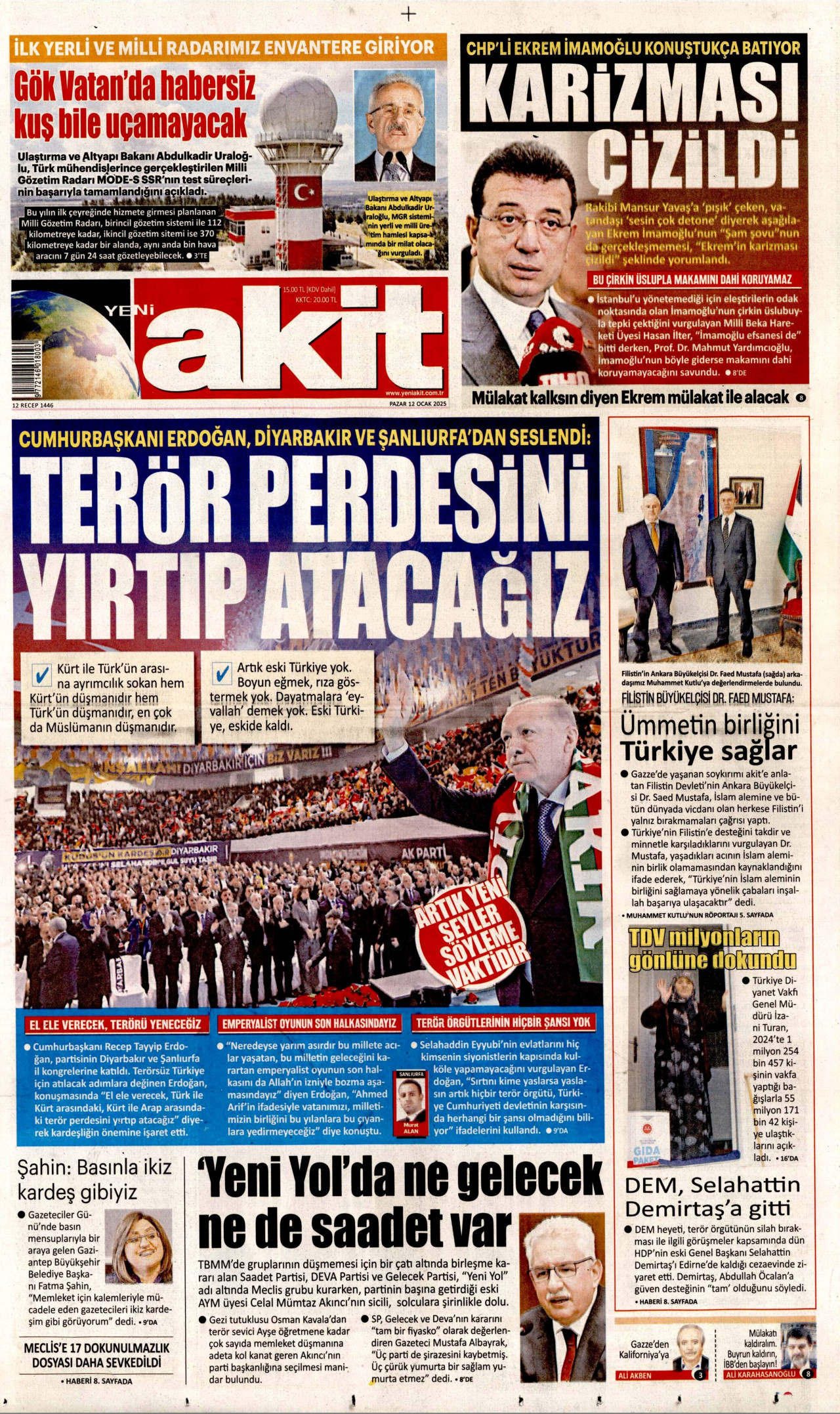 YENİ AKİT gazetesinin 12 Ocak 2025 tarihli birinci sayfası