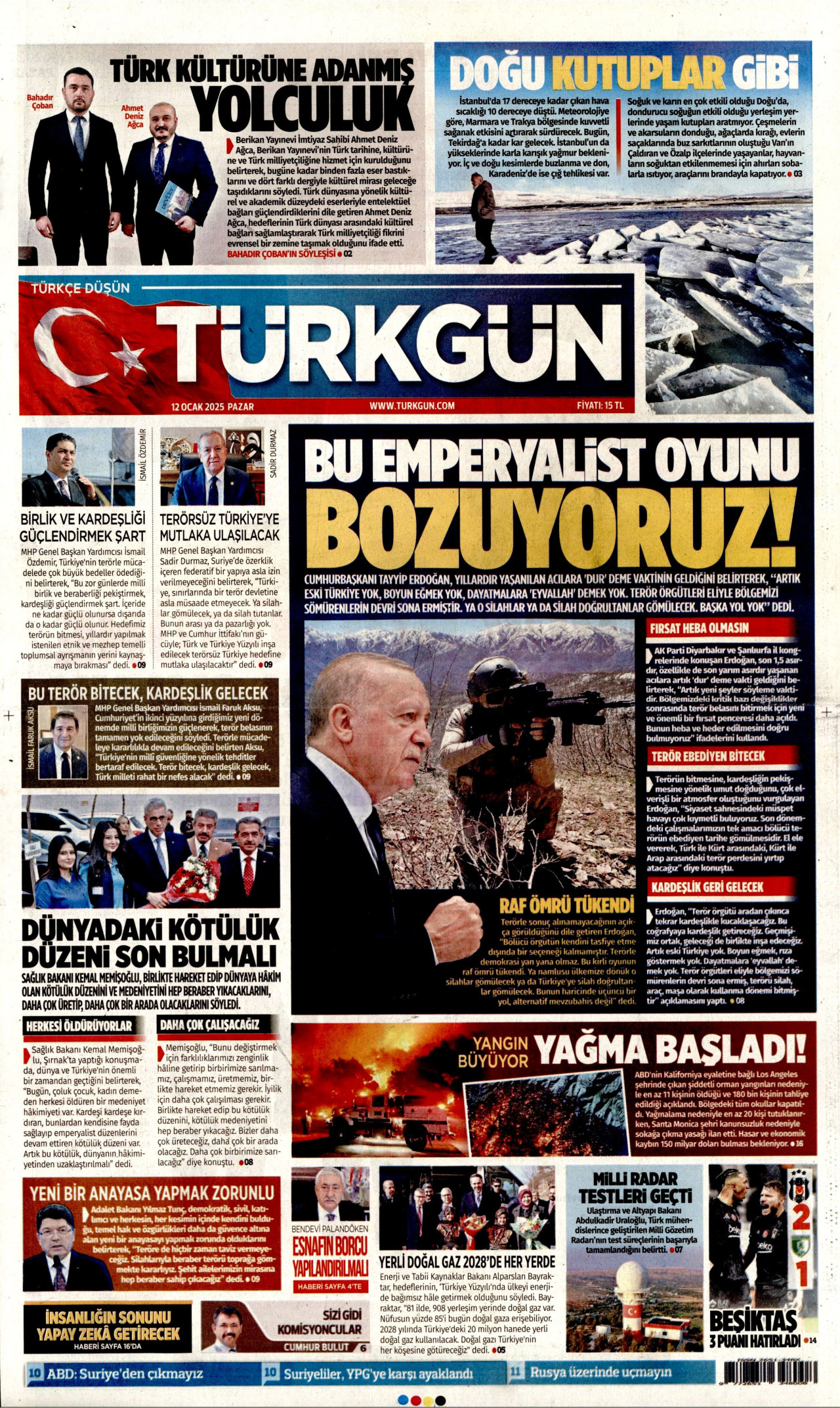 TÜRKGÜN gazetesinin 12 Ocak 2025 tarihli birinci sayfası