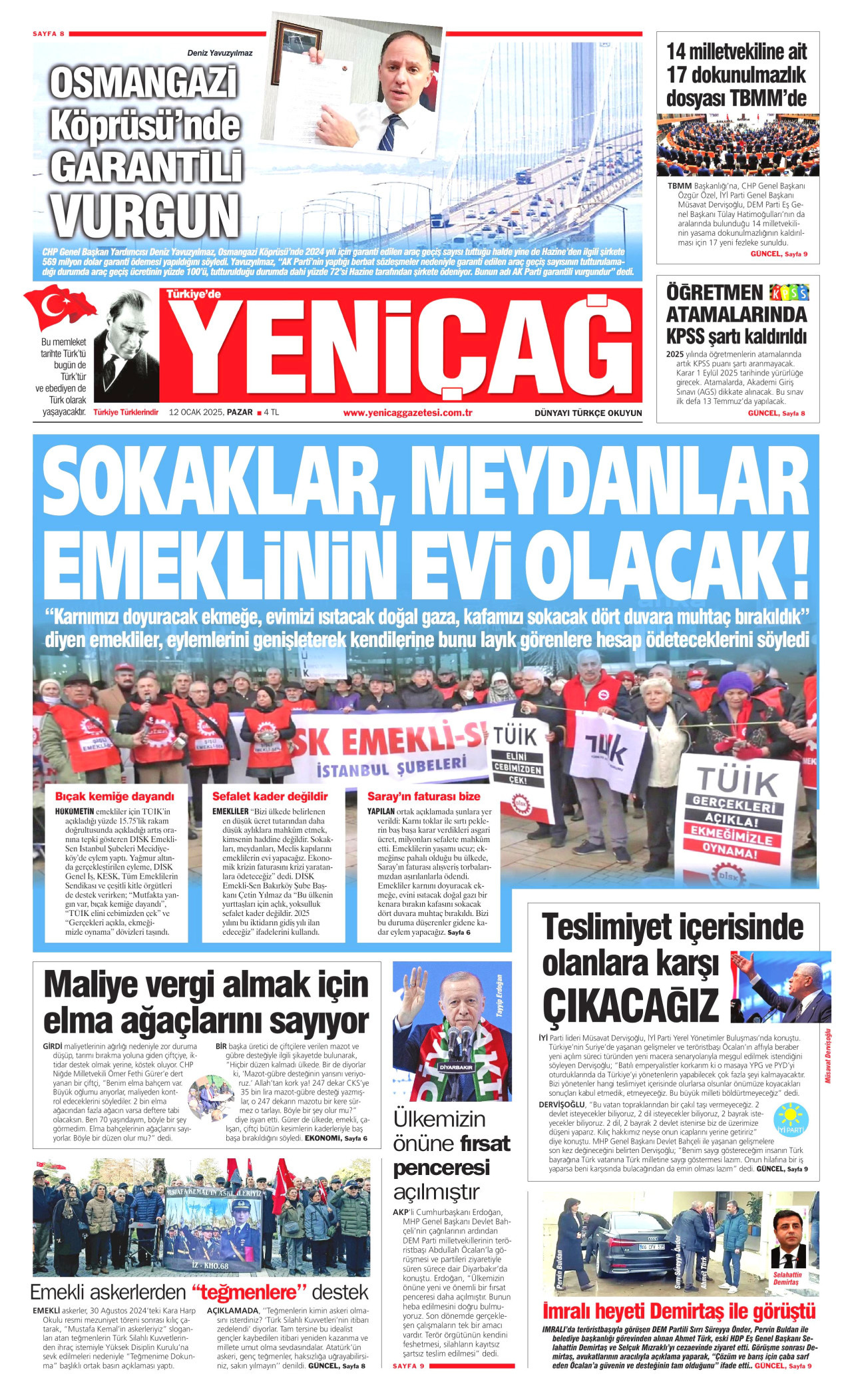 YENİÇAĞ gazetesinin 12 Ocak 2025 tarihli birinci sayfası