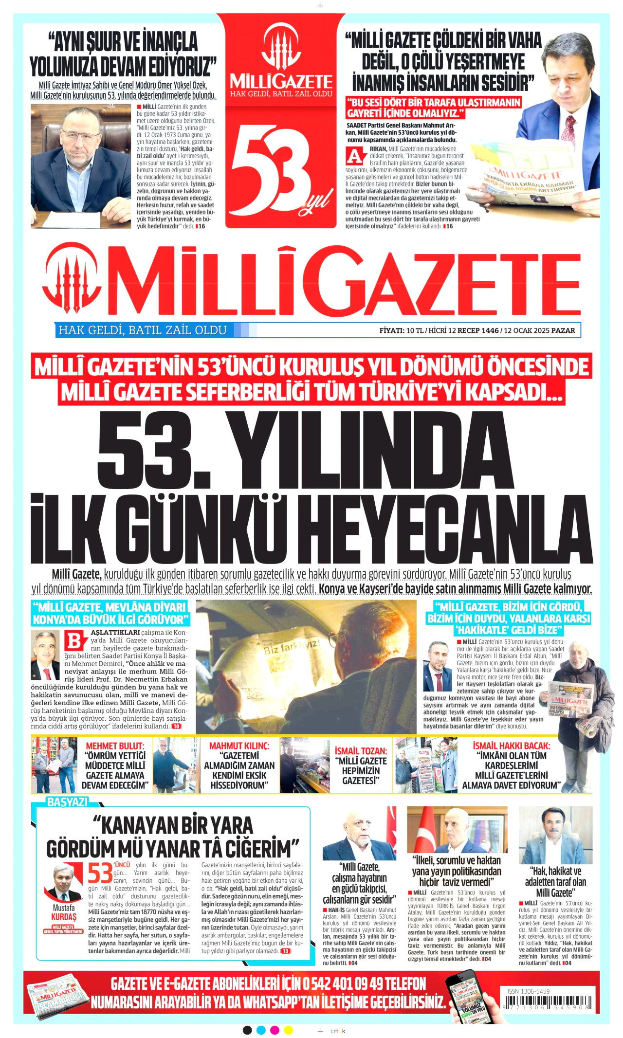 MİLLİ GAZETE gazetesinin 12 Ocak 2025 tarihli birinci sayfası