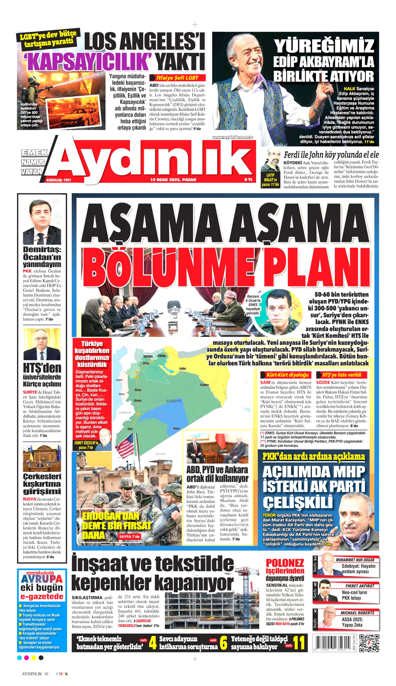 AYDINLIK GAZETESİ gazetesinin 12 Ocak 2025 tarihli birinci sayfası