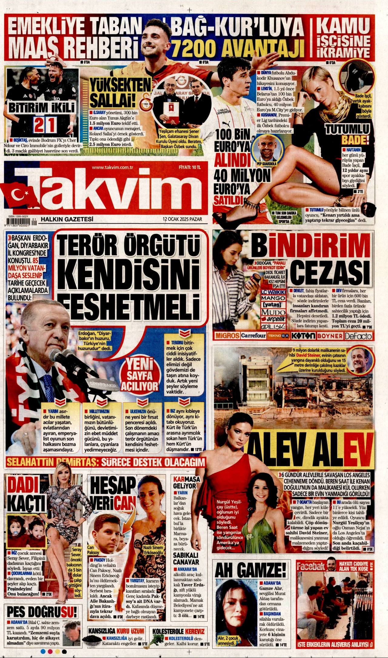 TAKVİM gazetesinin 12 Ocak 2025 tarihli birinci sayfası