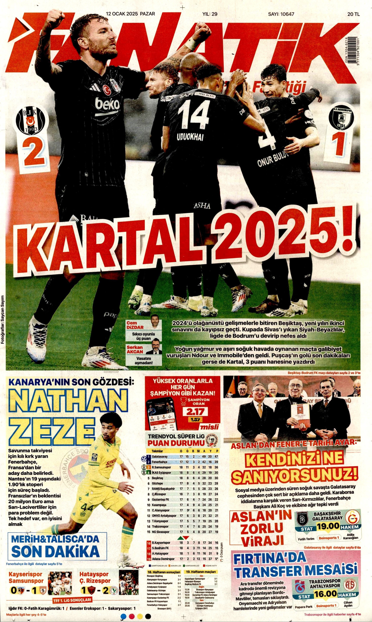 FANATİK gazetesinin 12 Ocak 2025 tarihli birinci sayfası
