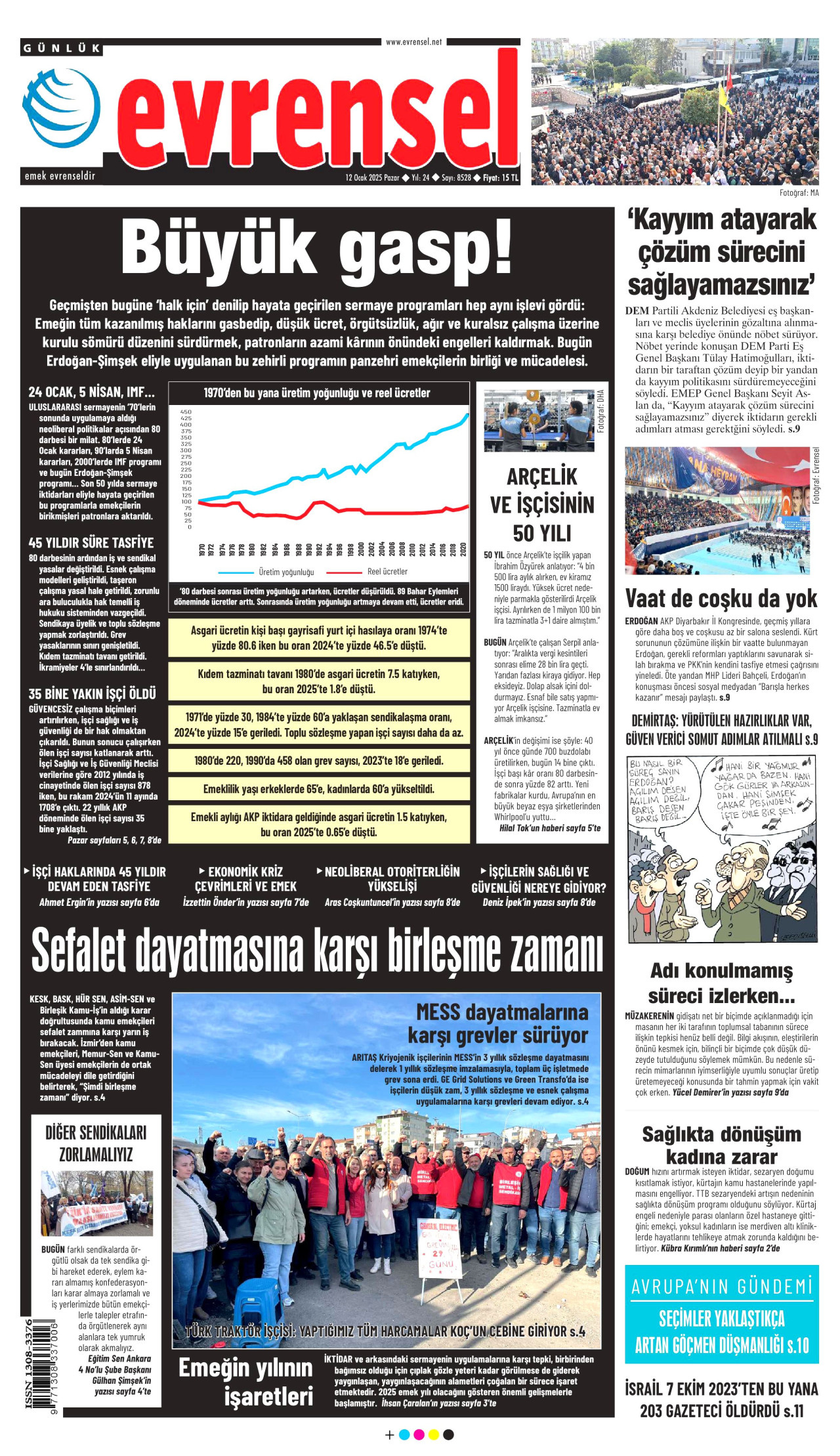 EVRENSEL gazetesinin 12 Ocak 2025 tarihli birinci sayfası