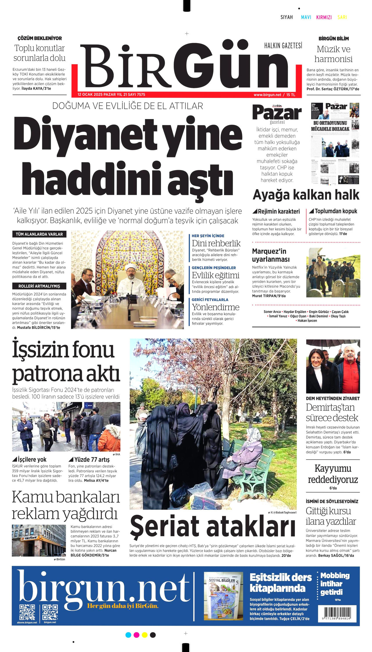 BİRGÜN gazetesinin 12 Ocak 2025 tarihli birinci sayfası