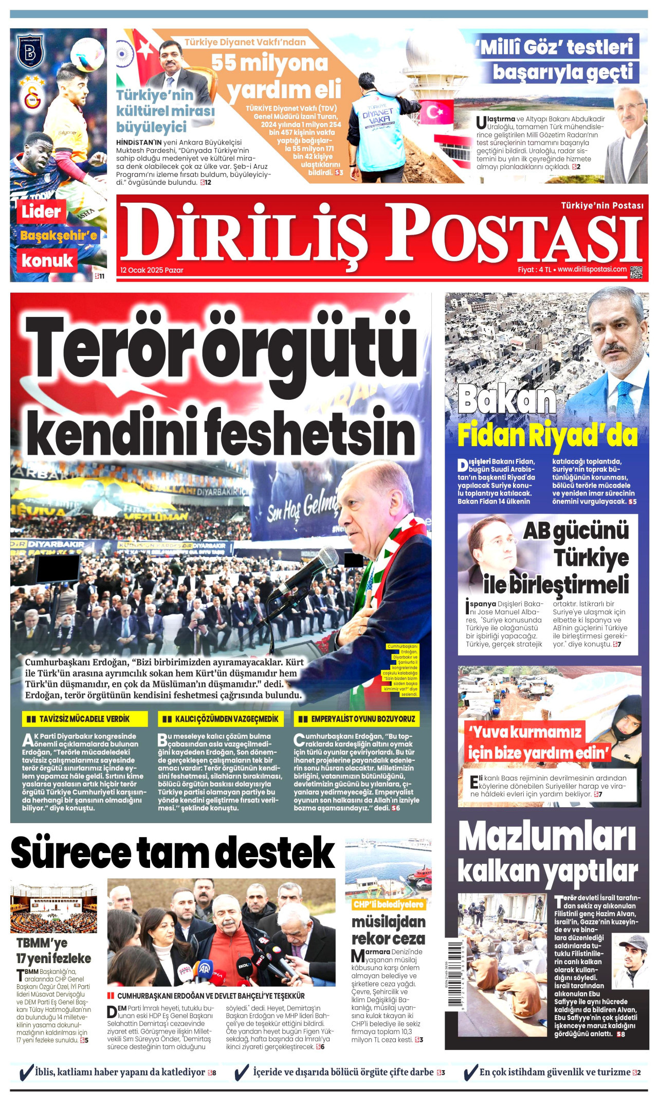 DİRİLİŞ POSTASI gazetesinin 12 Ocak 2025 tarihli birinci sayfası