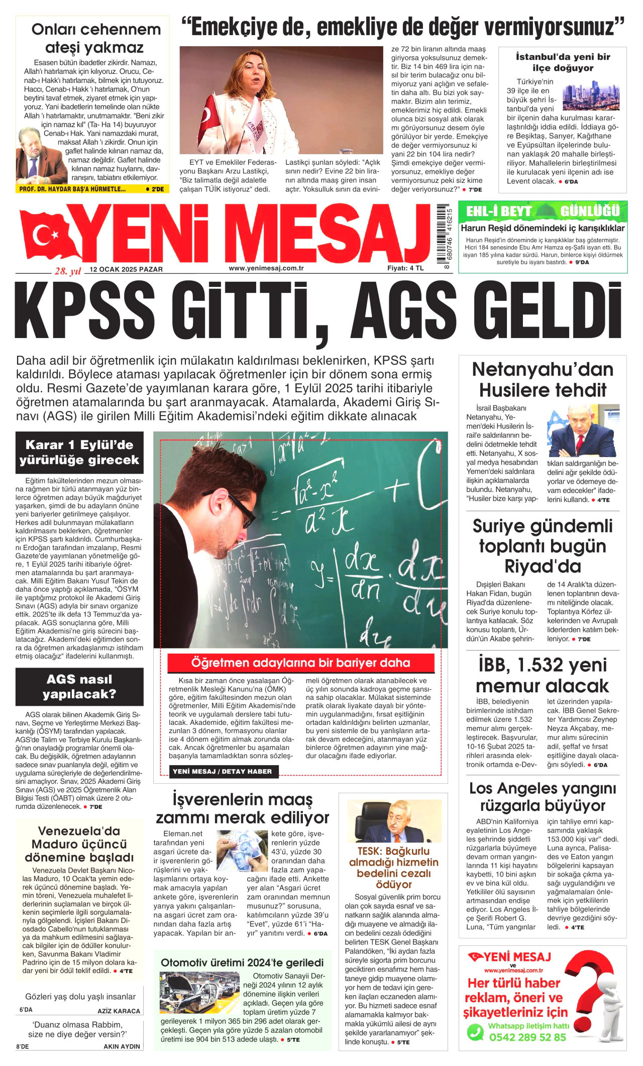 YENİ MESAJ gazetesinin 12 Ocak 2025 tarihli birinci sayfası