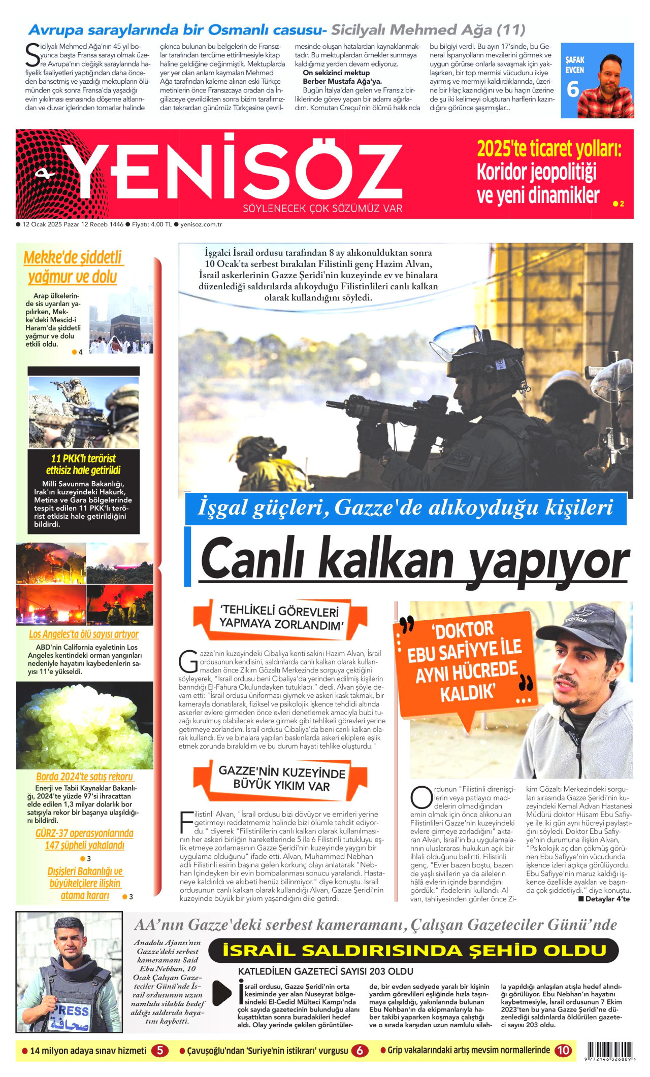 YENİ SÖZ GAZETESİ gazetesinin 12 Ocak 2025 tarihli birinci sayfası