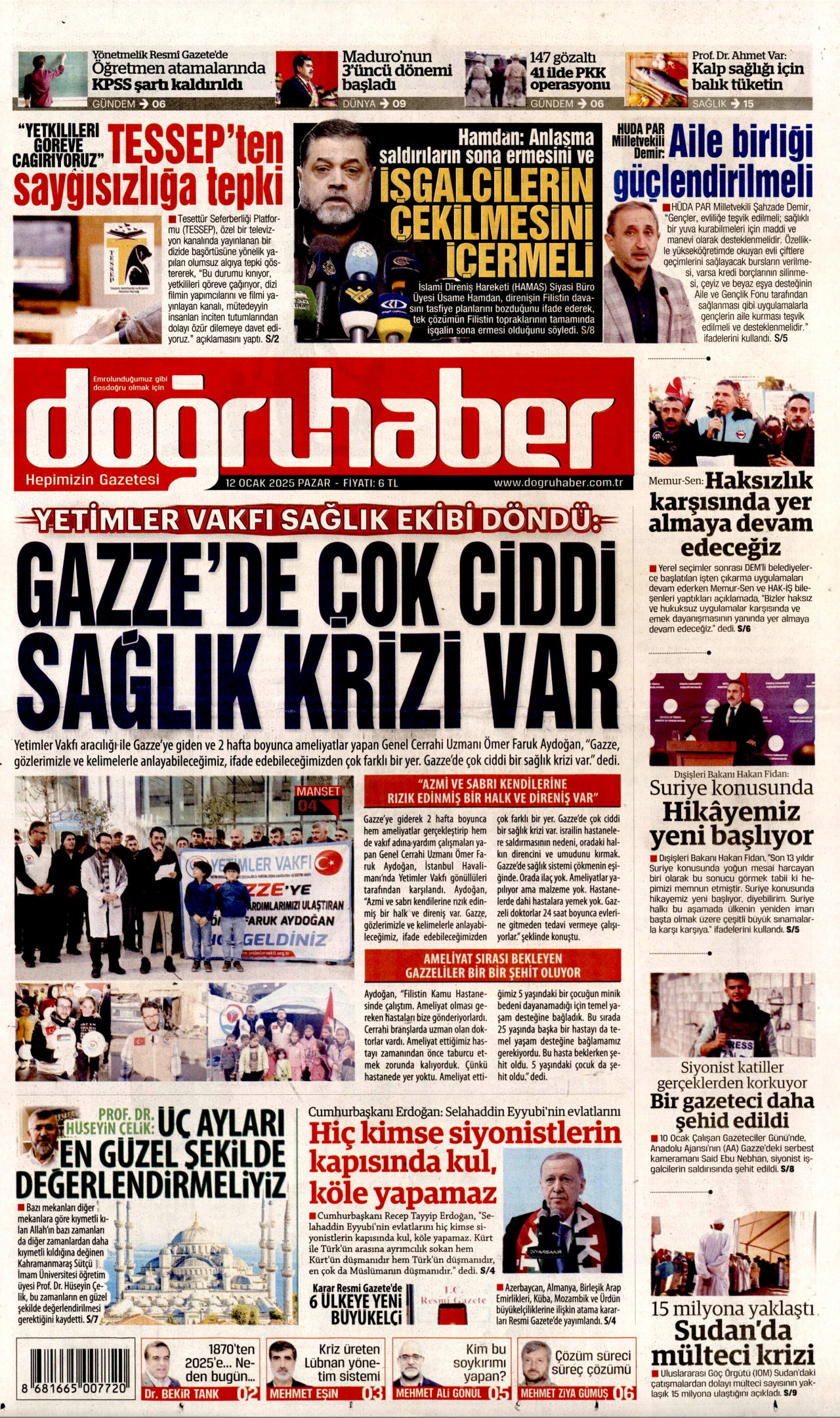 DOĞRU HABER gazetesinin 12 Ocak 2025 tarihli birinci sayfası