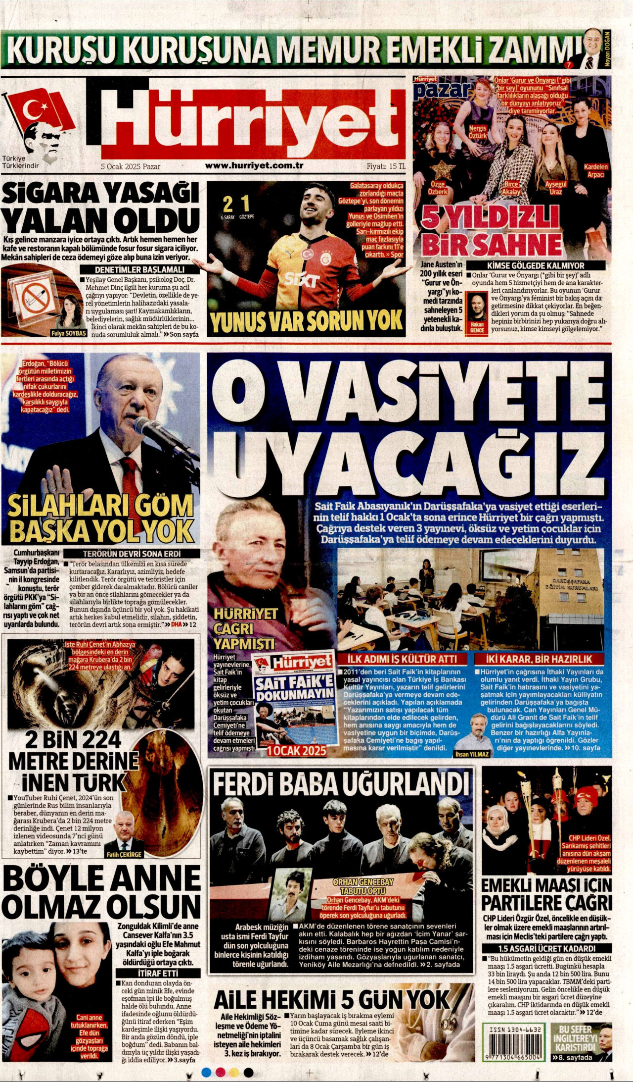 HÜRRİYET gazetesinin 5 Ocak 2025 tarihli birinci sayfası