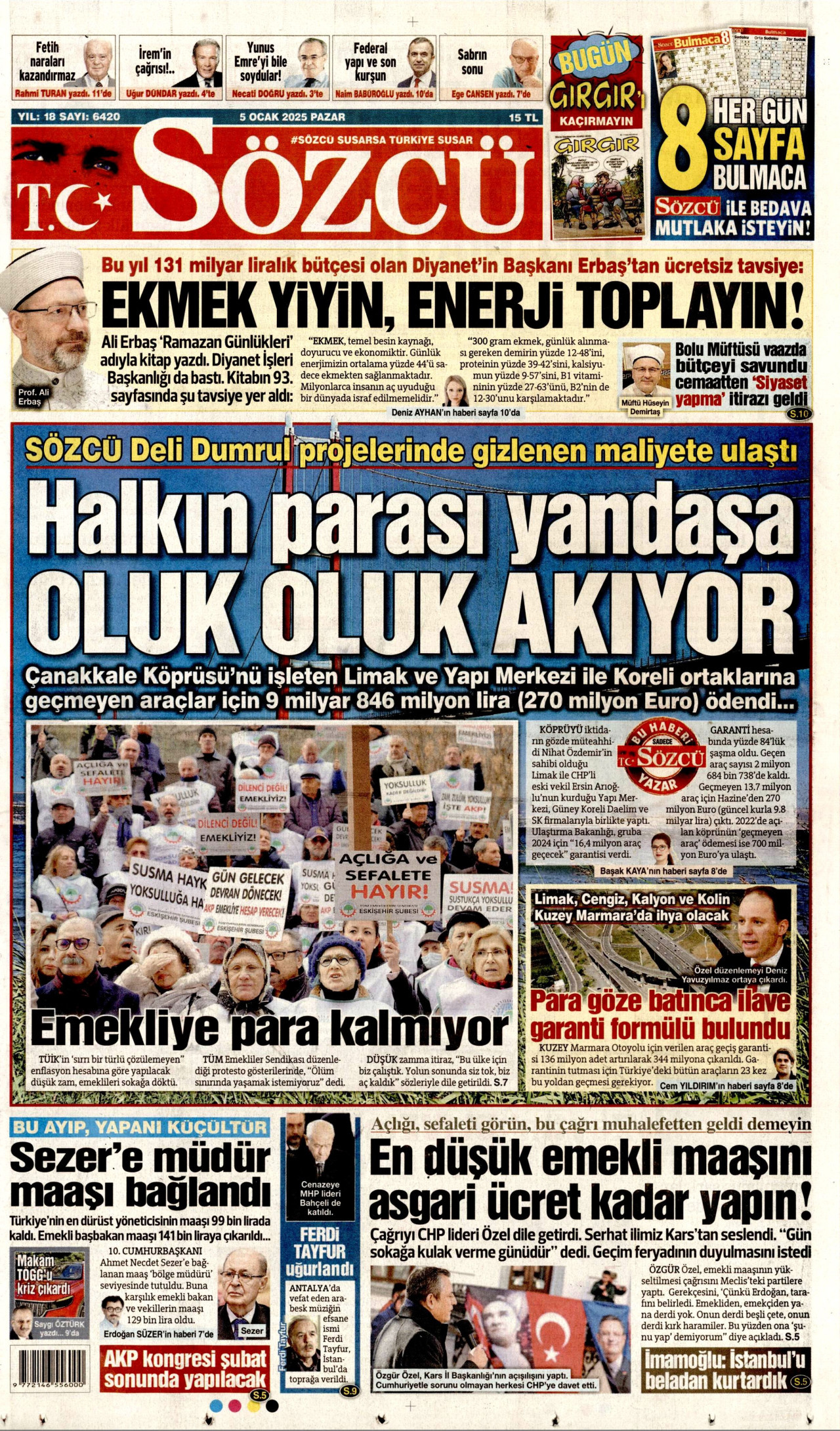 SÖZCÜ gazetesinin 5 Ocak 2025 tarihli birinci sayfası
