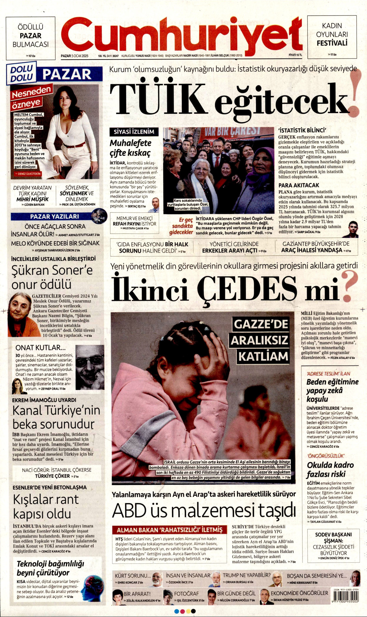 CUMHURİYET gazetesinin 5 Ocak 2025 tarihli birinci sayfası