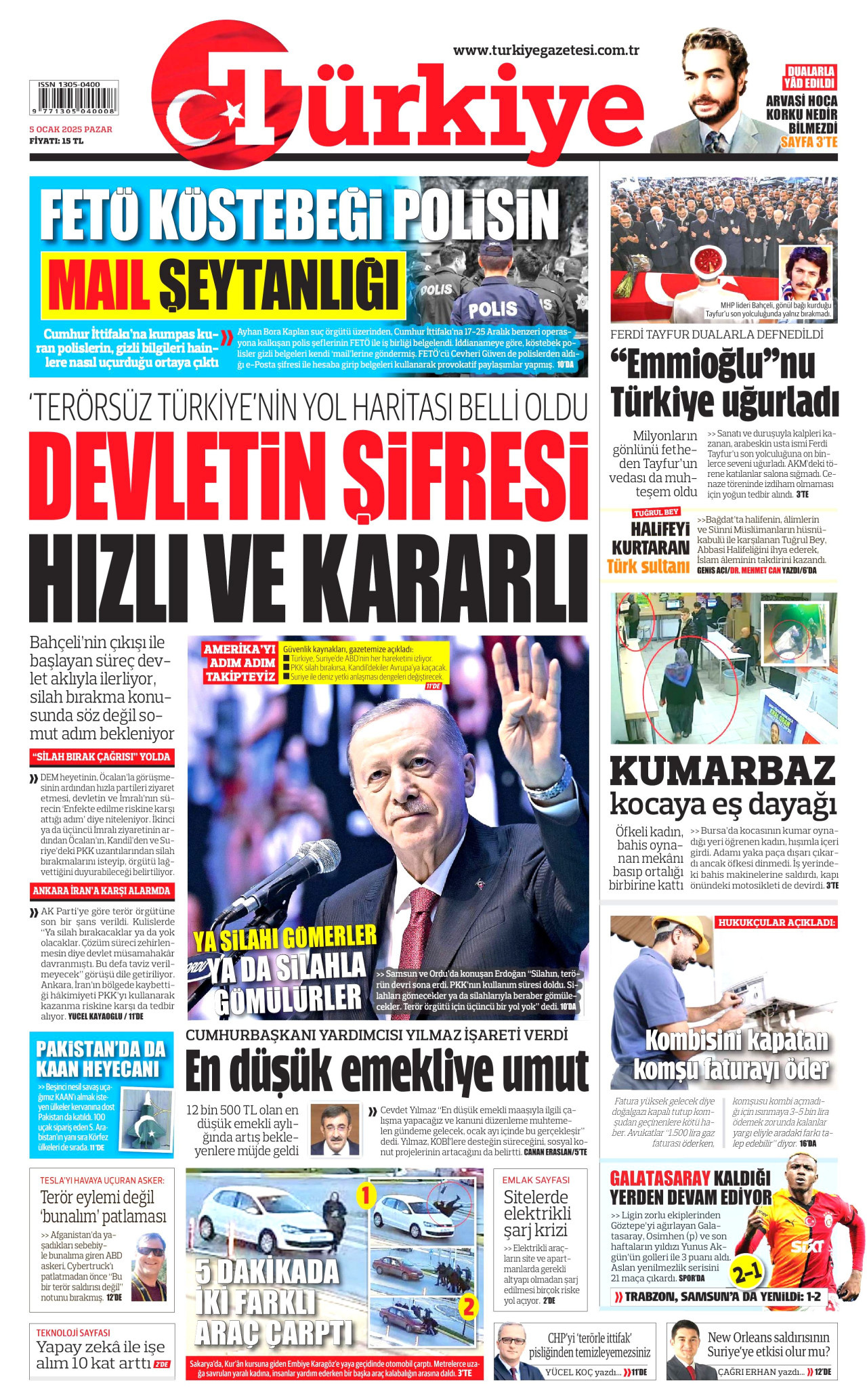 TÜRKİYE GAZETESİ gazetesinin 5 Ocak 2025 tarihli birinci sayfası