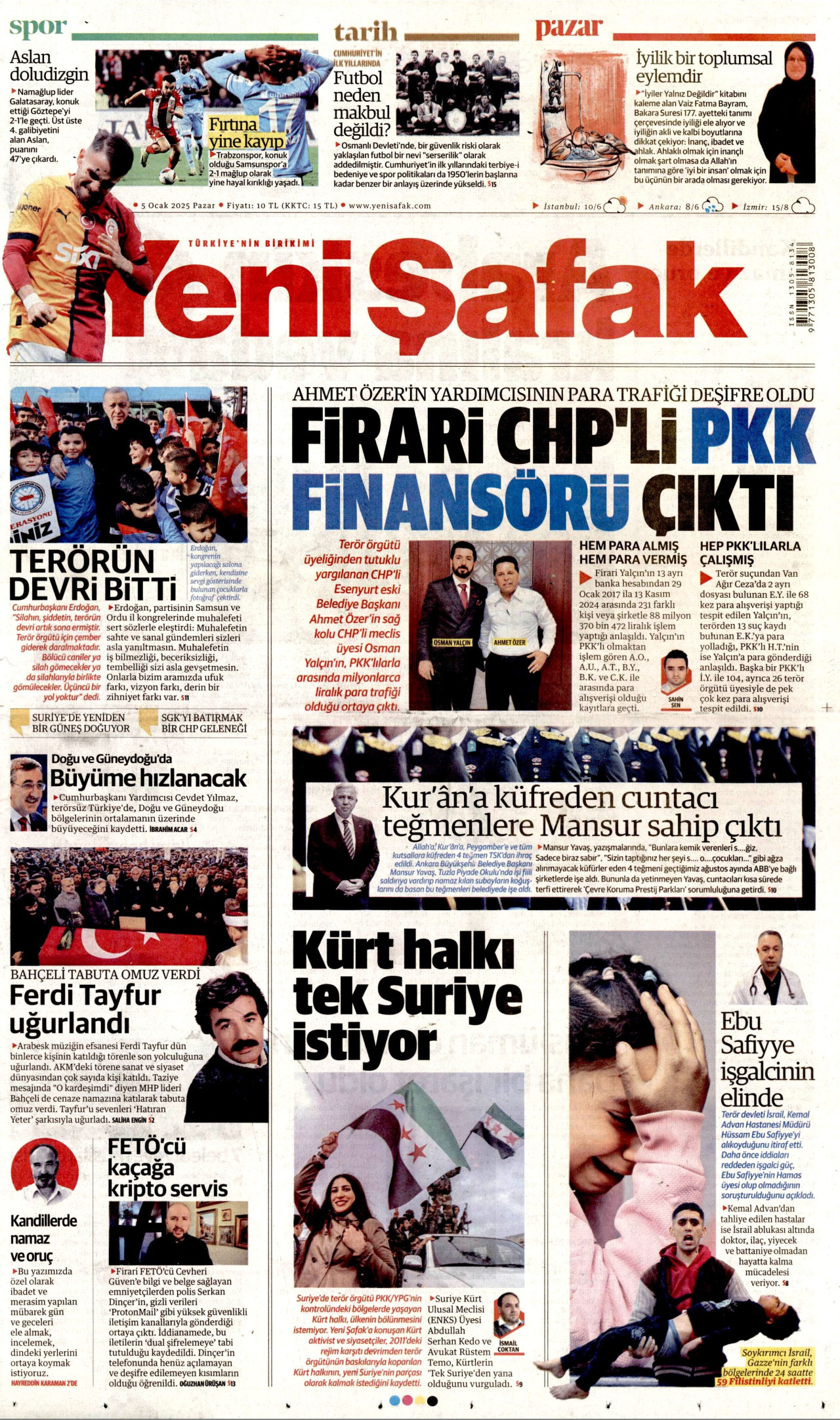 YENİ ŞAFAK gazetesinin 5 Ocak 2025 tarihli birinci sayfası