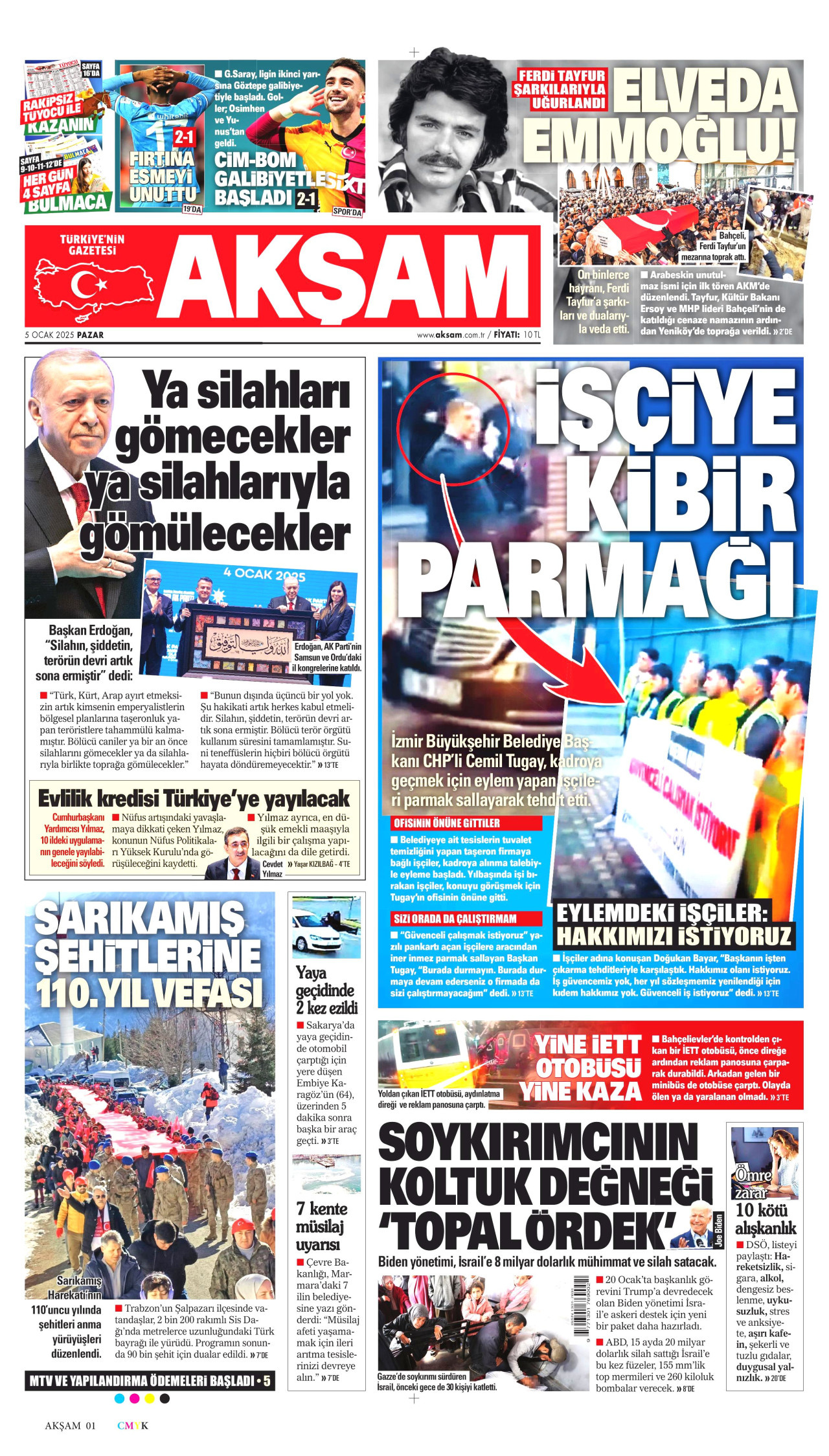 AKŞAM gazetesinin 5 Ocak 2025 tarihli birinci sayfası