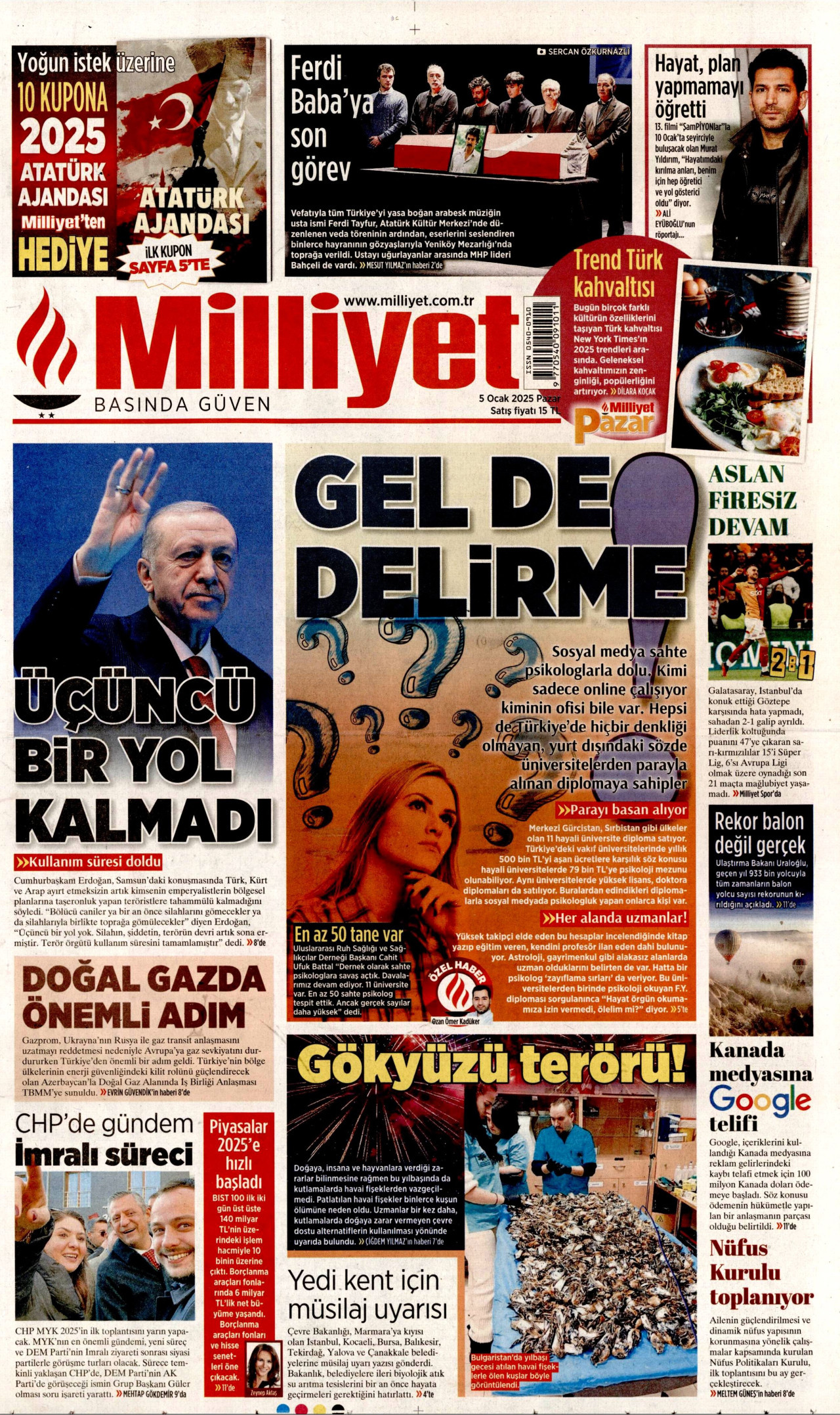 MİLLİYET gazetesinin 5 Ocak 2025 tarihli birinci sayfası