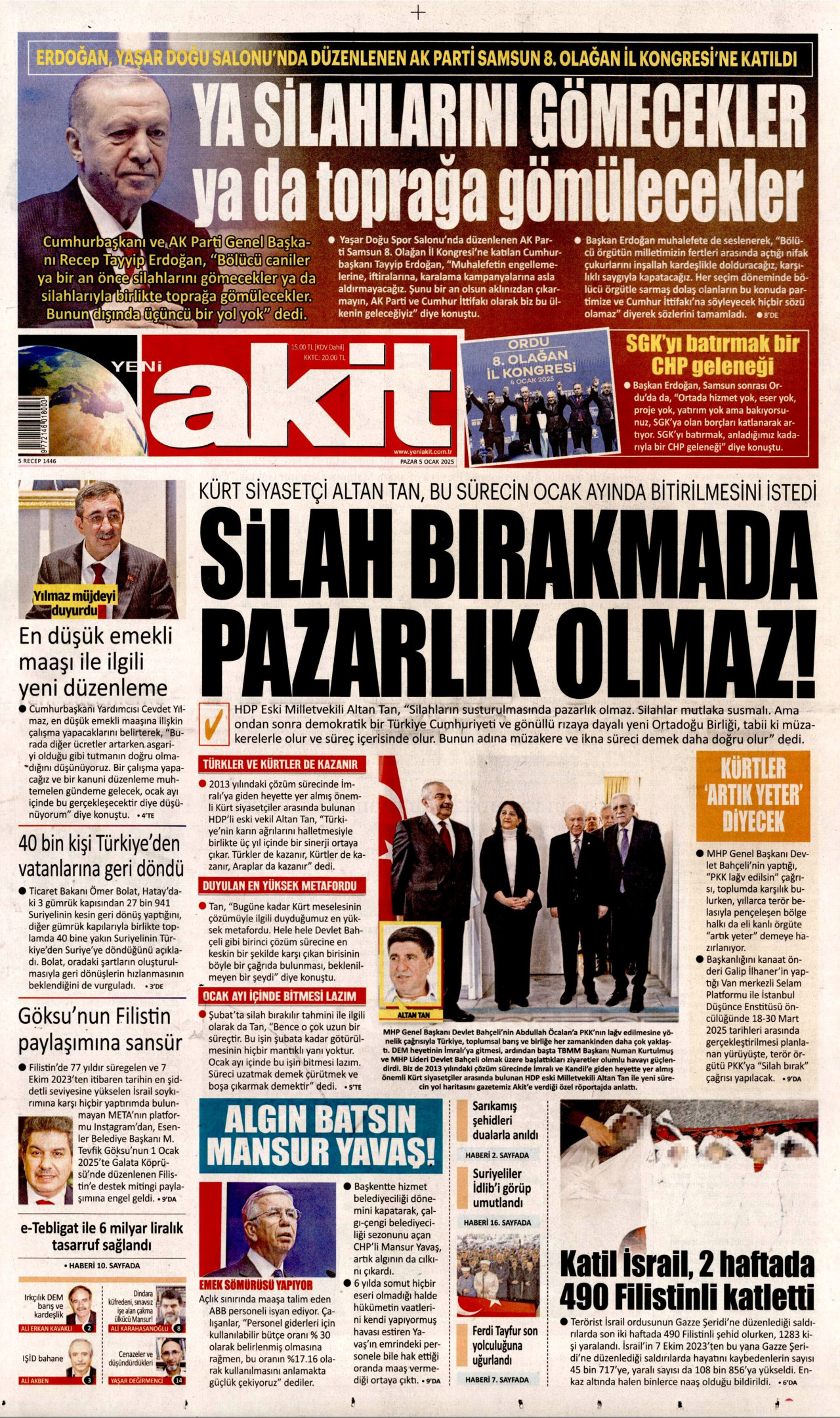 YENİ AKİT gazetesinin 5 Ocak 2025 tarihli birinci sayfası