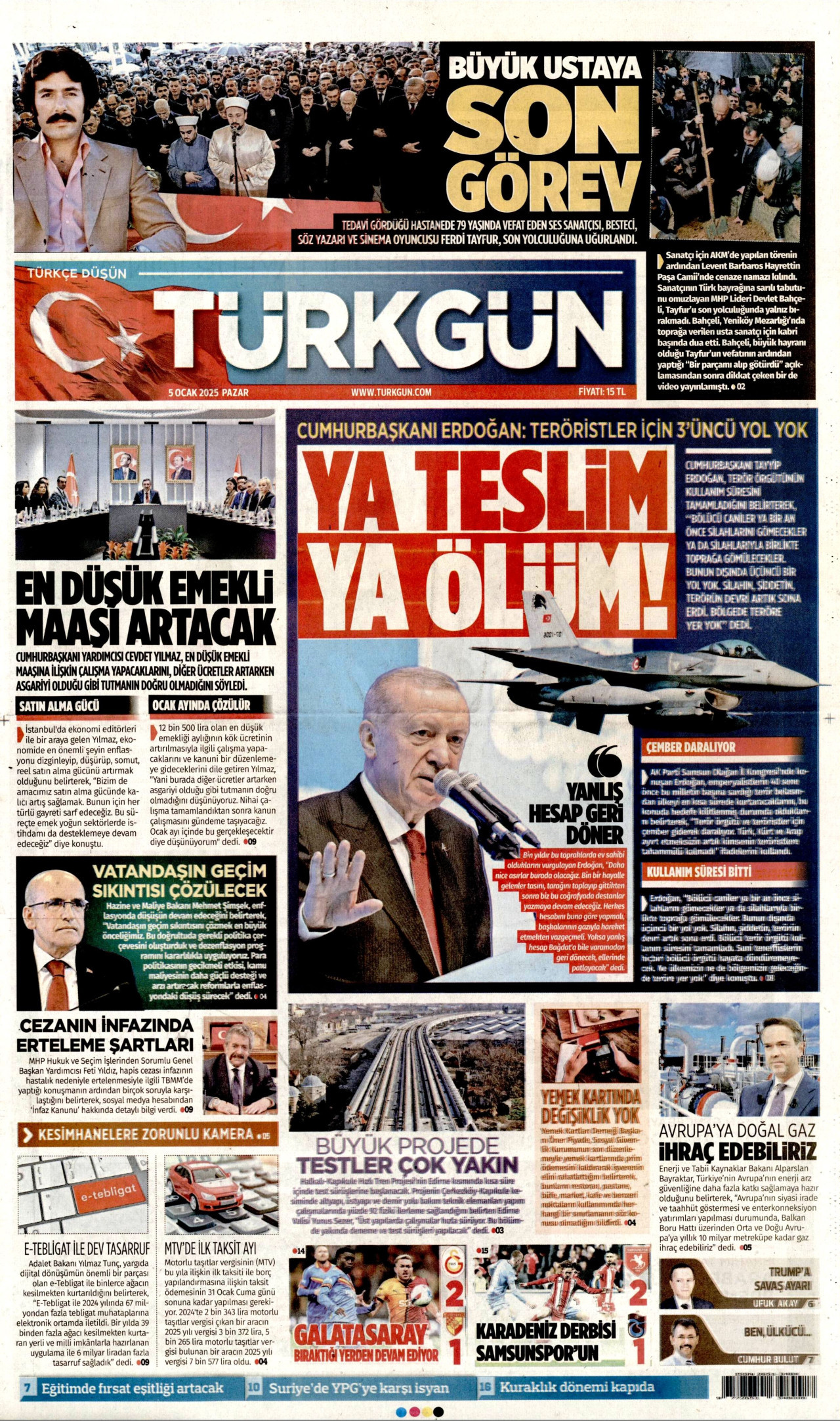 TÜRKGÜN gazetesinin 5 Ocak 2025 tarihli birinci sayfası