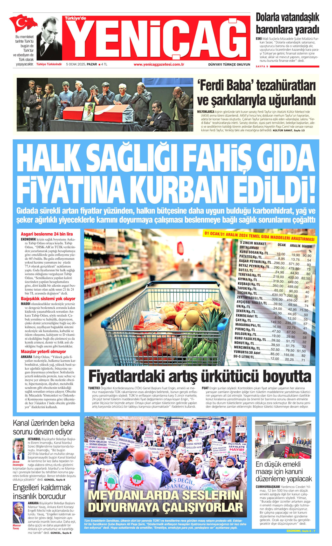 YENİÇAĞ gazetesinin 5 Ocak 2025 tarihli birinci sayfası