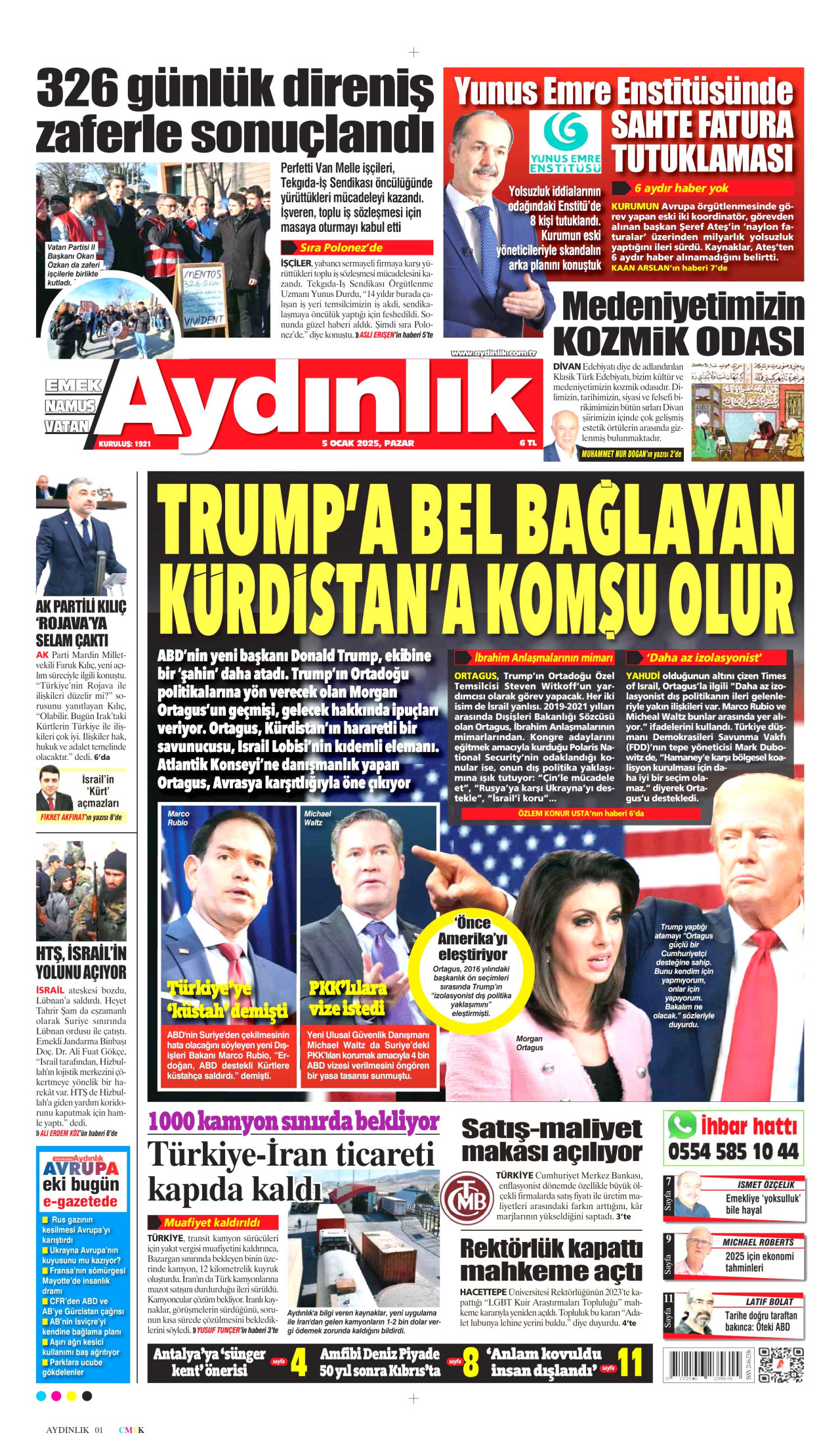 AYDINLIK GAZETESİ gazetesinin 5 Ocak 2025 tarihli birinci sayfası