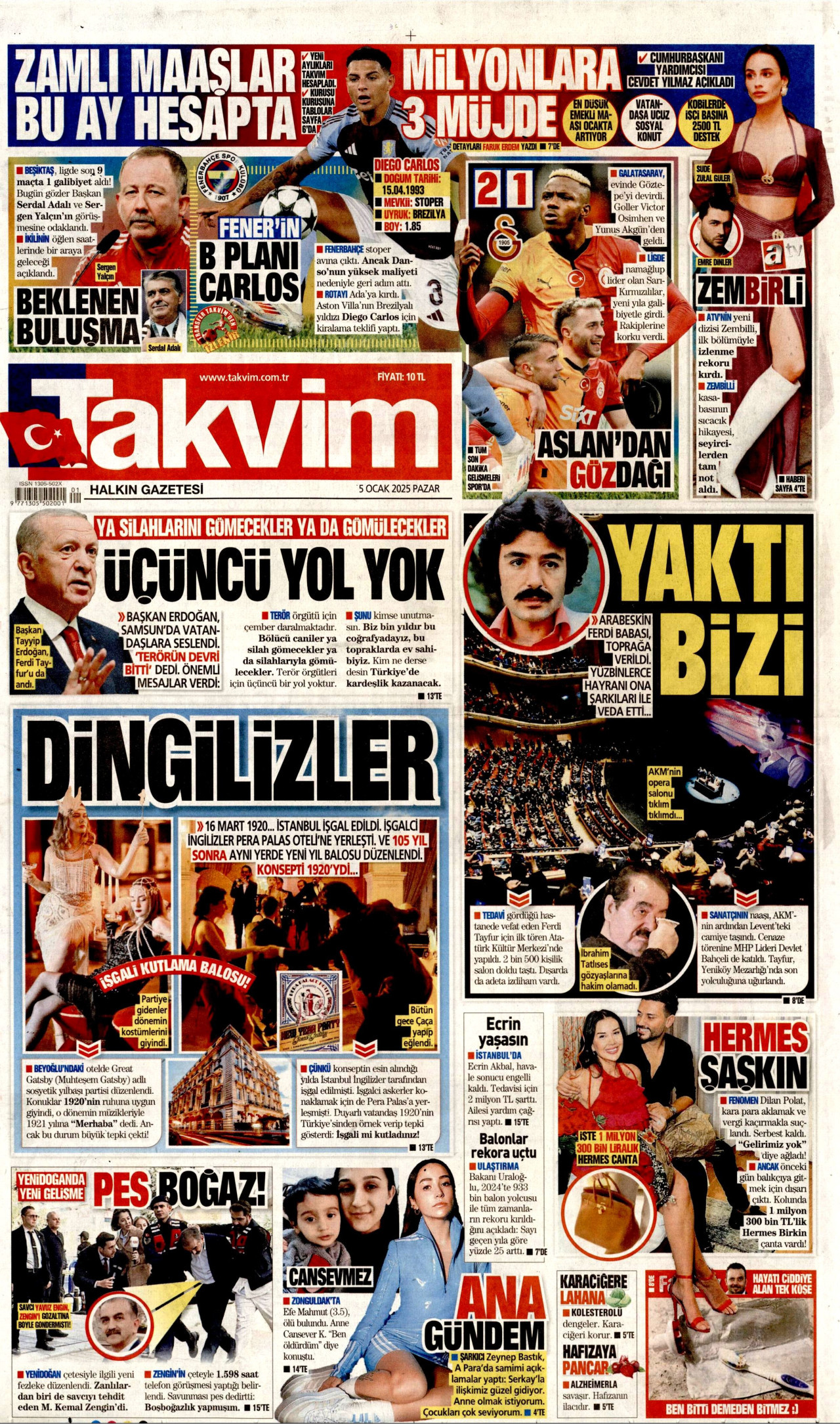 TAKVİM gazetesinin 5 Ocak 2025 tarihli birinci sayfası
