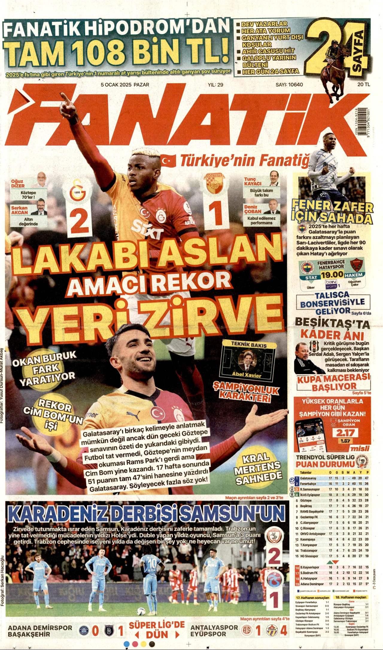 FANATİK gazetesinin 5 Ocak 2025 tarihli birinci sayfası