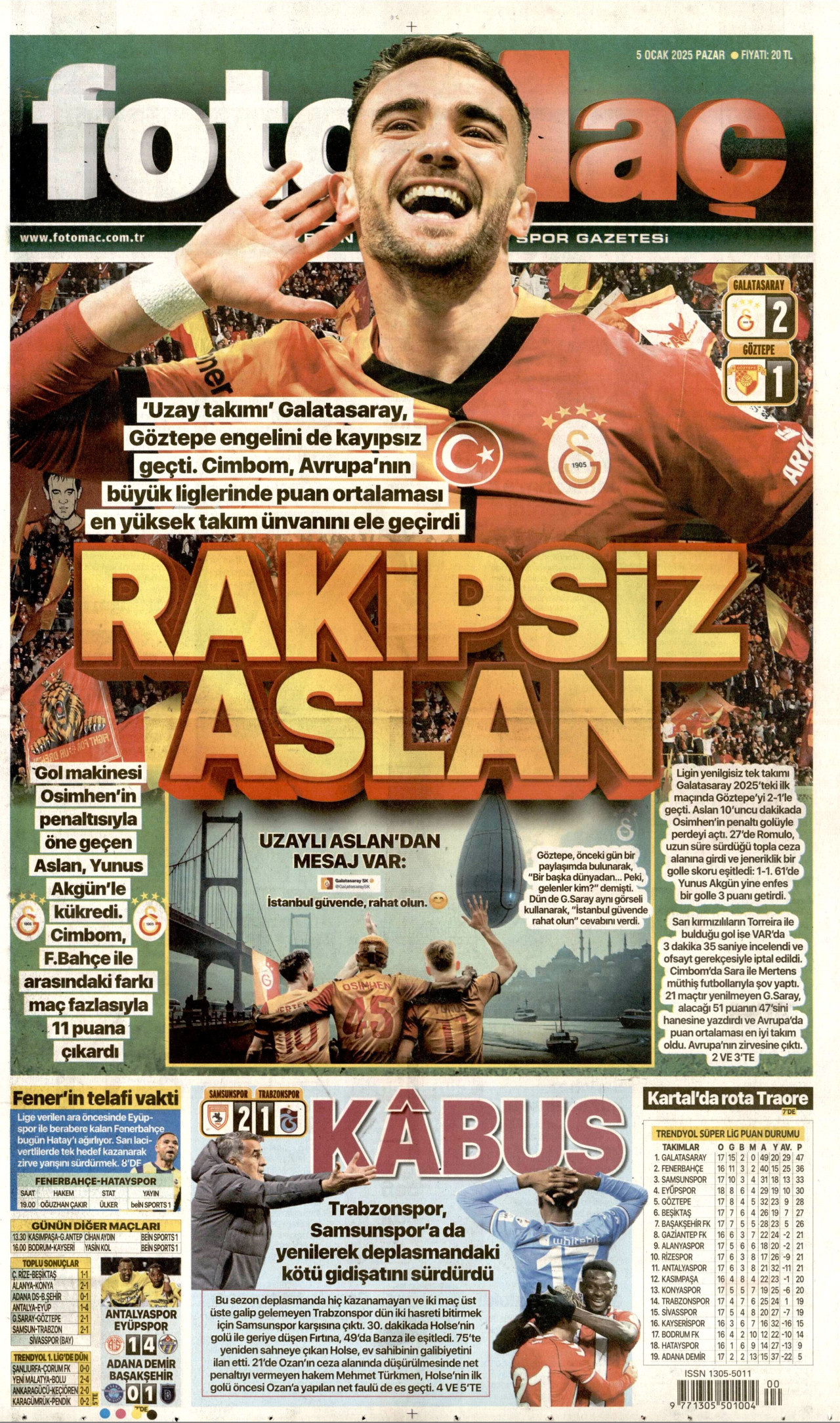 FOTOMAÇ gazetesinin 5 Ocak 2025 tarihli birinci sayfası