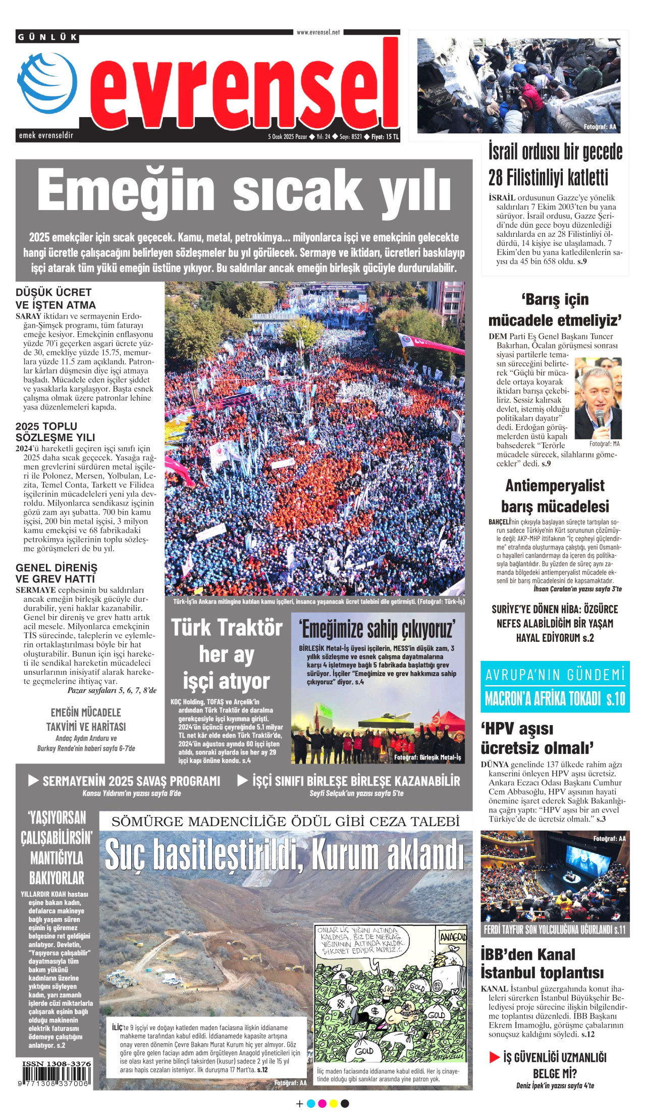 EVRENSEL gazetesinin 5 Ocak 2025 tarihli birinci sayfası