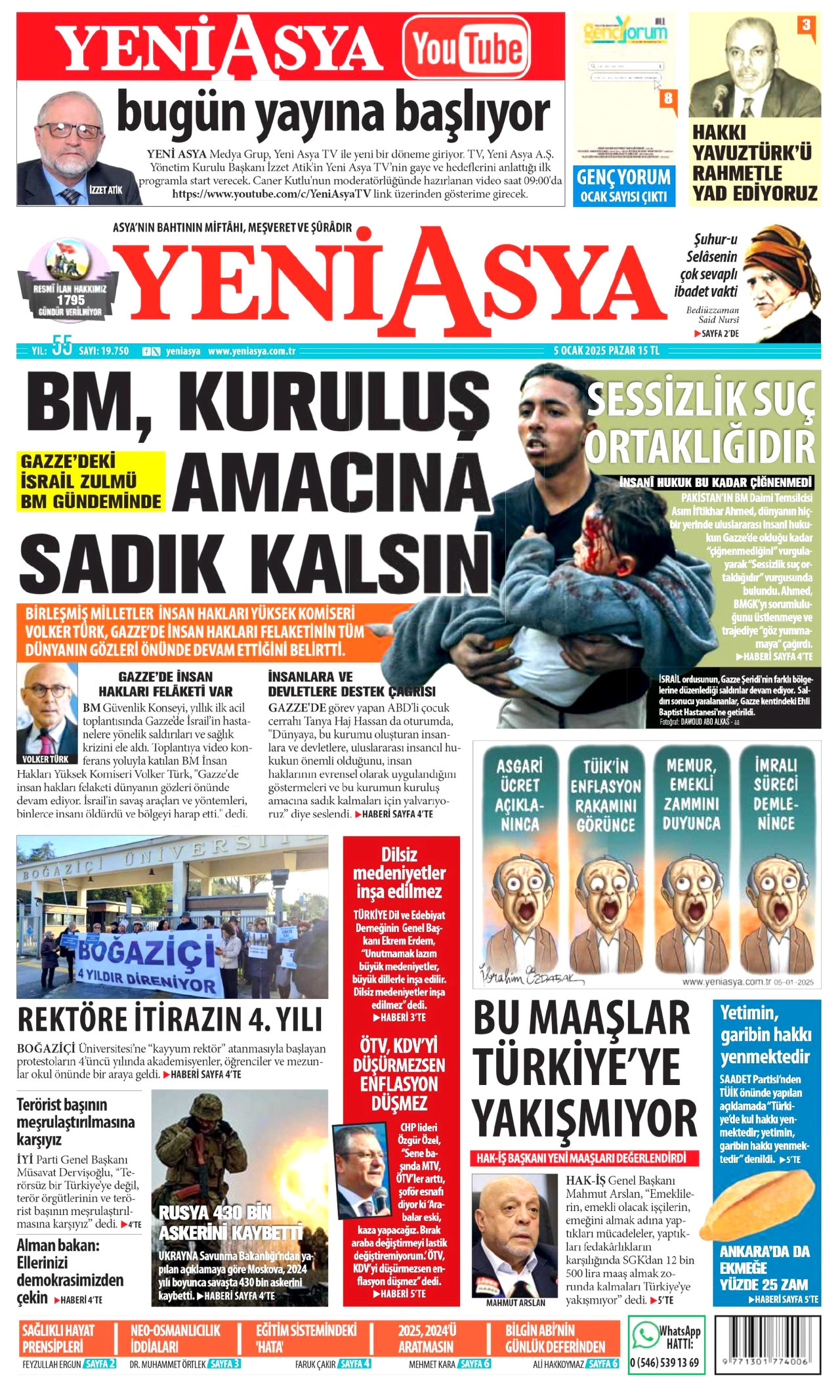 YENİ ASYA gazetesinin 5 Ocak 2025 tarihli birinci sayfası