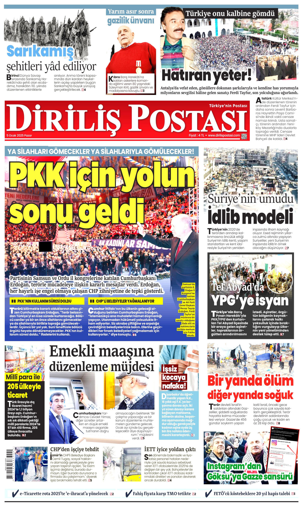 DİRİLİŞ POSTASI gazetesinin 5 Ocak 2025 tarihli birinci sayfası