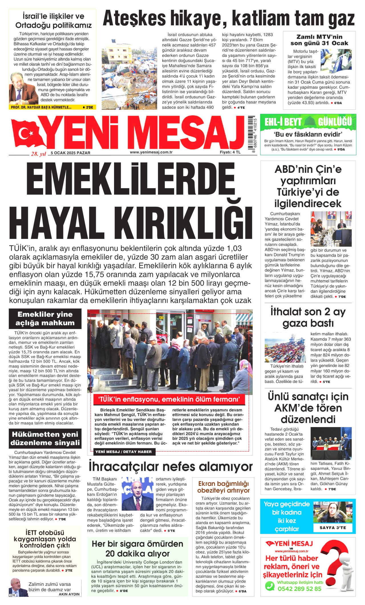 YENİ MESAJ gazetesinin 5 Ocak 2025 tarihli birinci sayfası