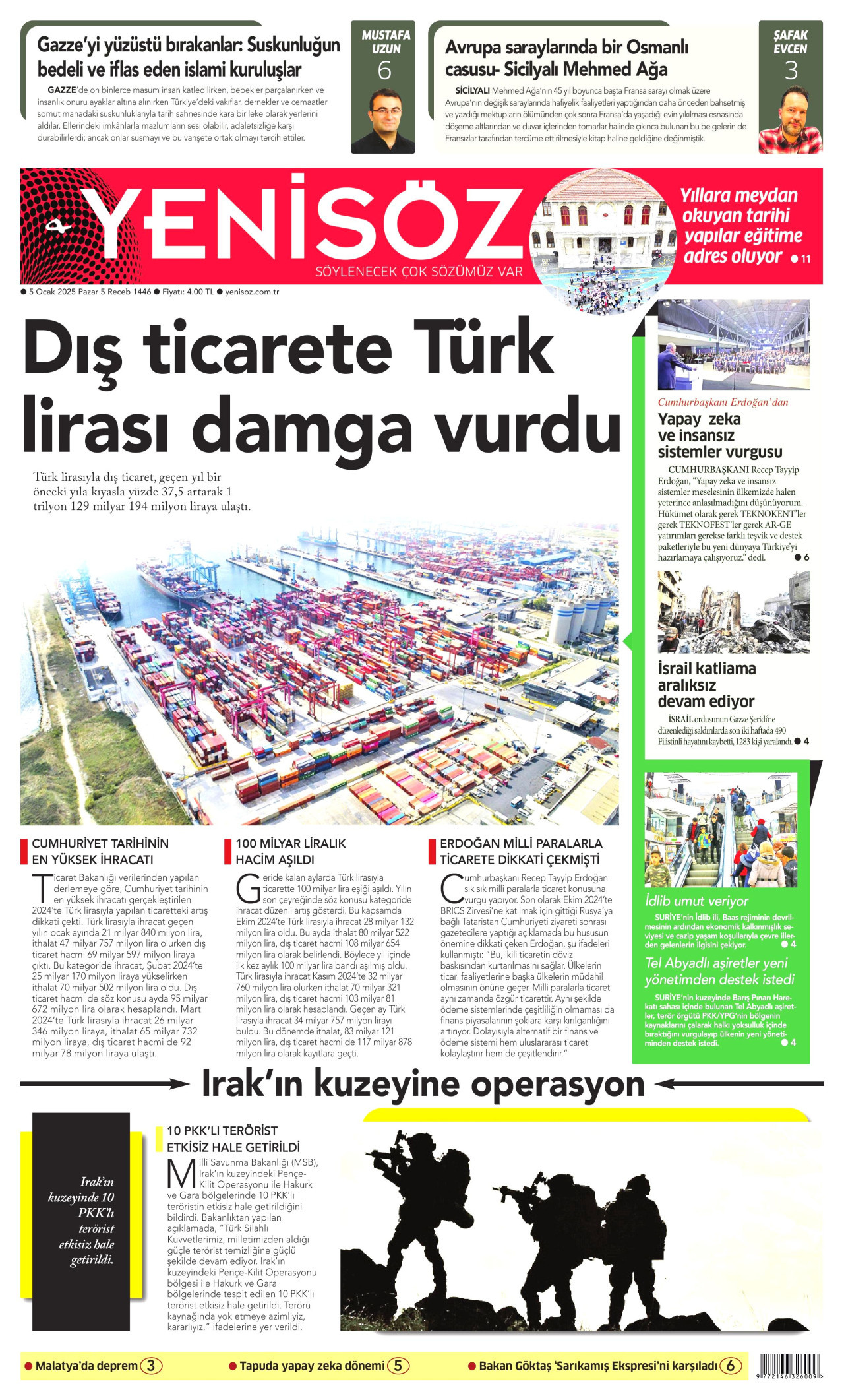 YENİ SÖZ GAZETESİ gazetesinin 5 Ocak 2025 tarihli birinci sayfası