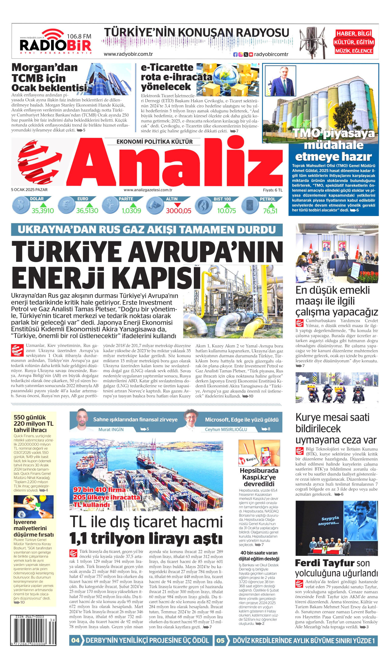 ANALİZ gazetesinin 5 Ocak 2025 tarihli birinci sayfası