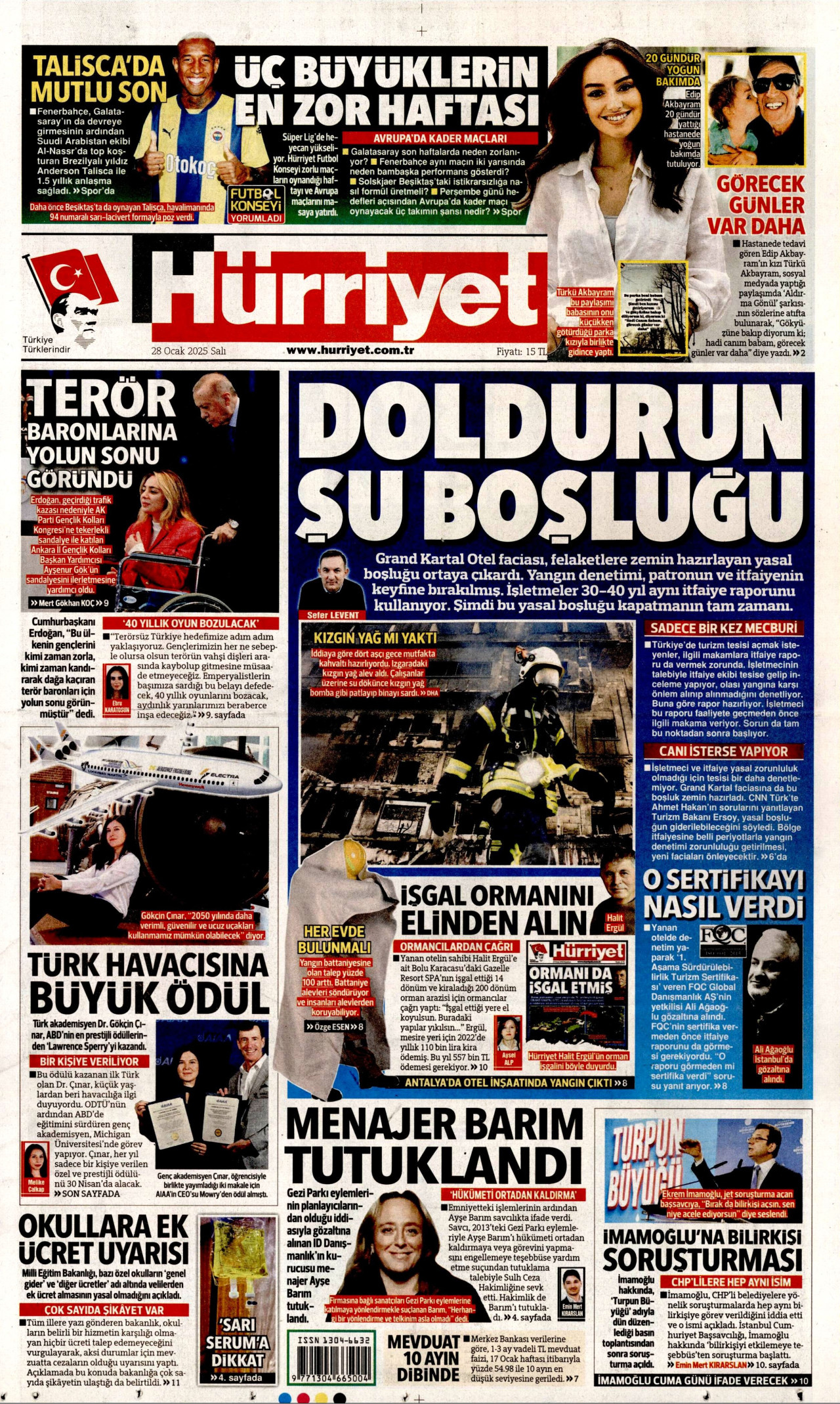 HÜRRİYET gazetesinin 28 Ocak 2025 tarihli birinci sayfası