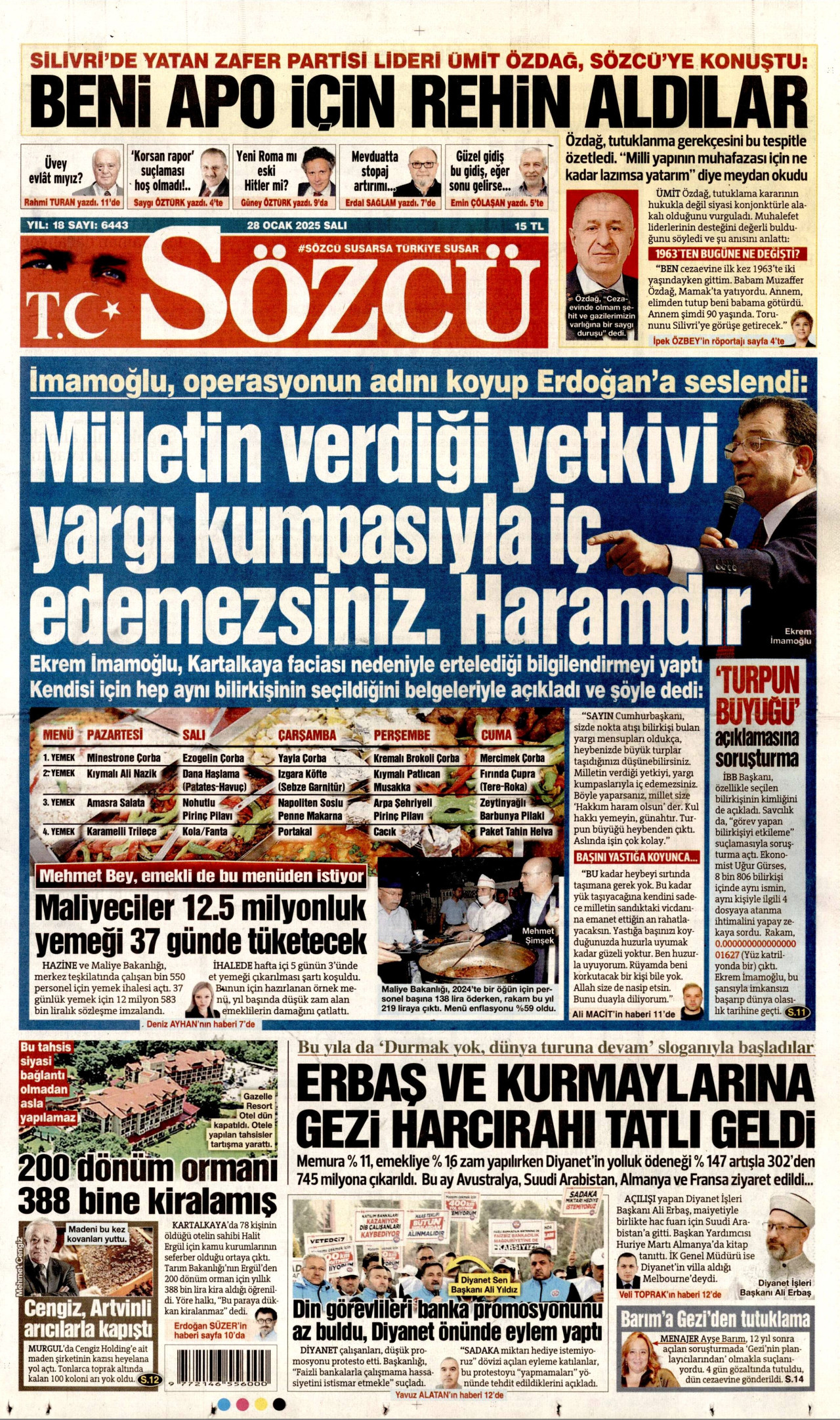 SÖZCÜ gazetesinin 28 Ocak 2025 tarihli birinci sayfası