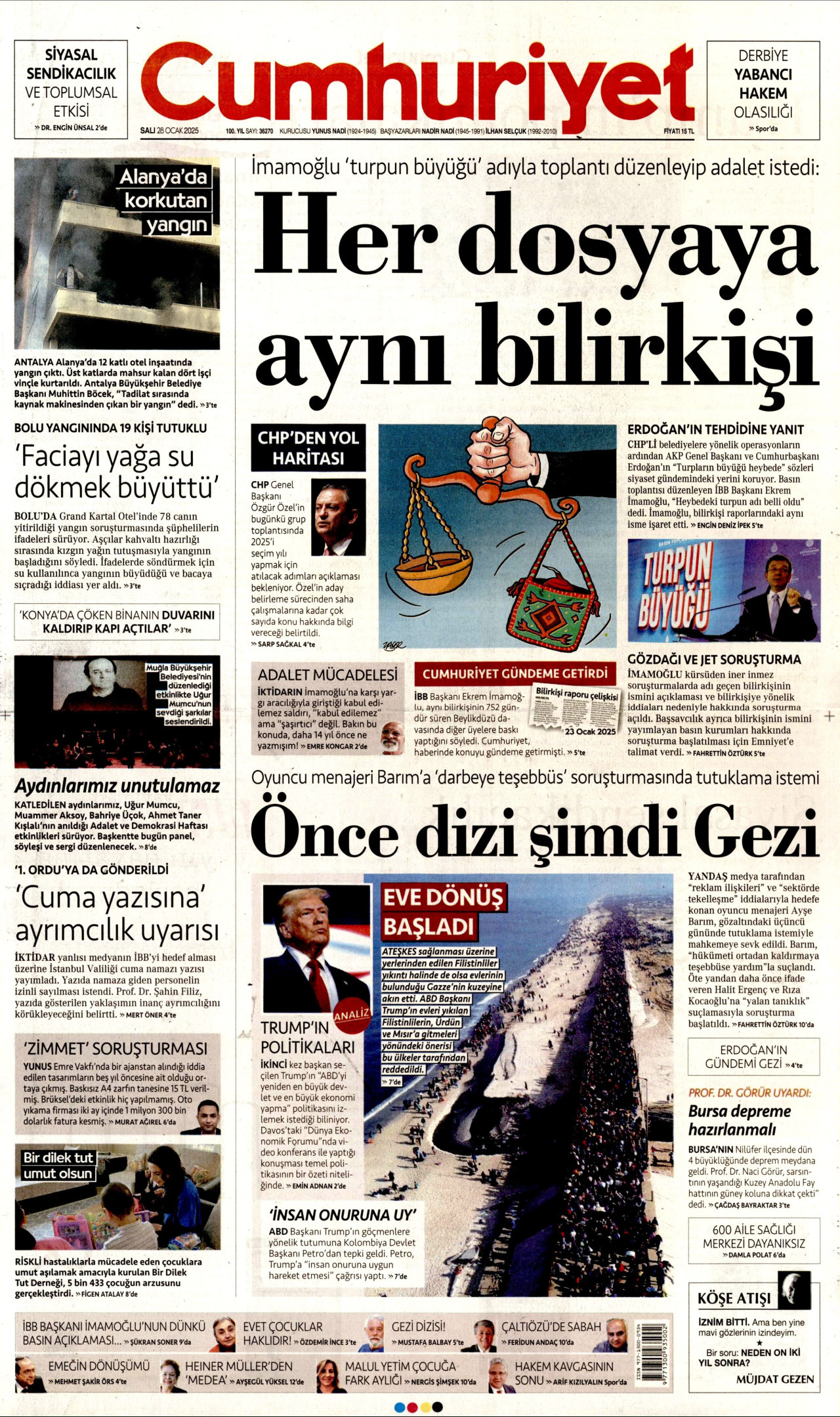 CUMHURİYET gazetesinin 28 Ocak 2025 tarihli birinci sayfası