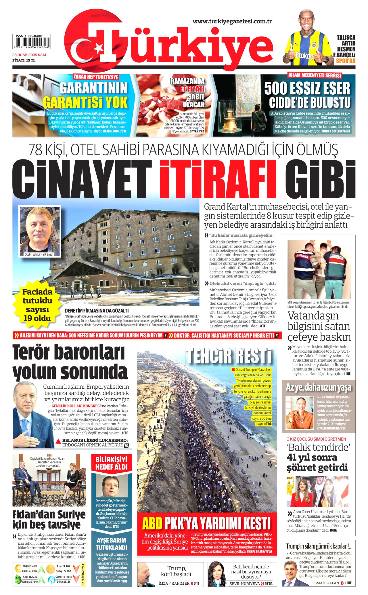 TÜRKİYE GAZETESİ gazetesinin 28 Ocak 2025 tarihli birinci sayfası