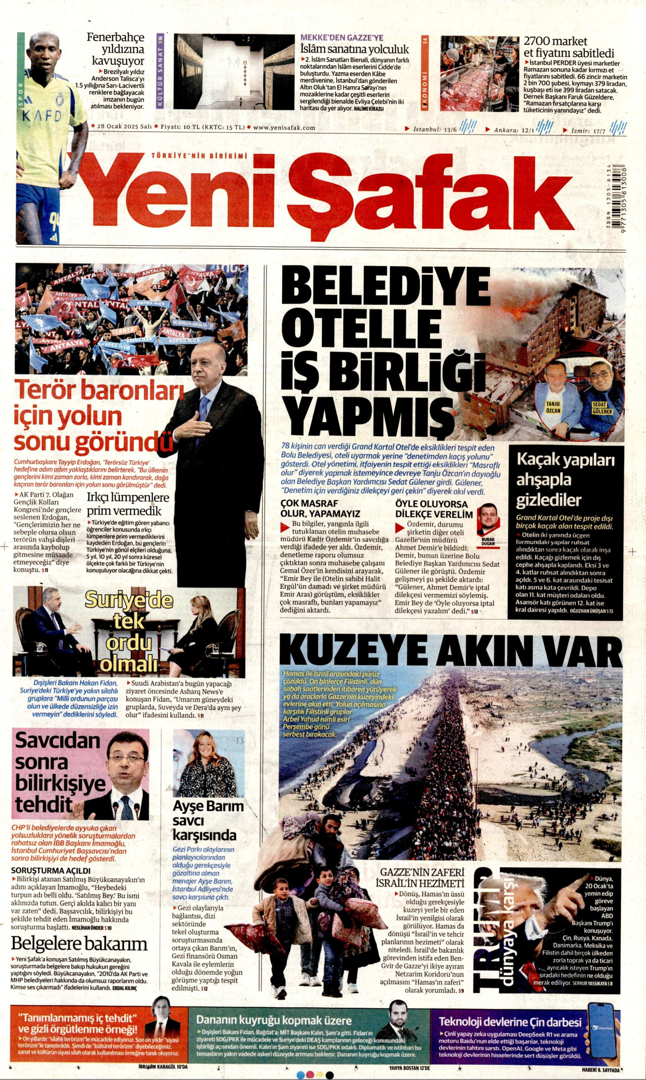 YENİ ŞAFAK gazetesinin 28 Ocak 2025 tarihli birinci sayfası