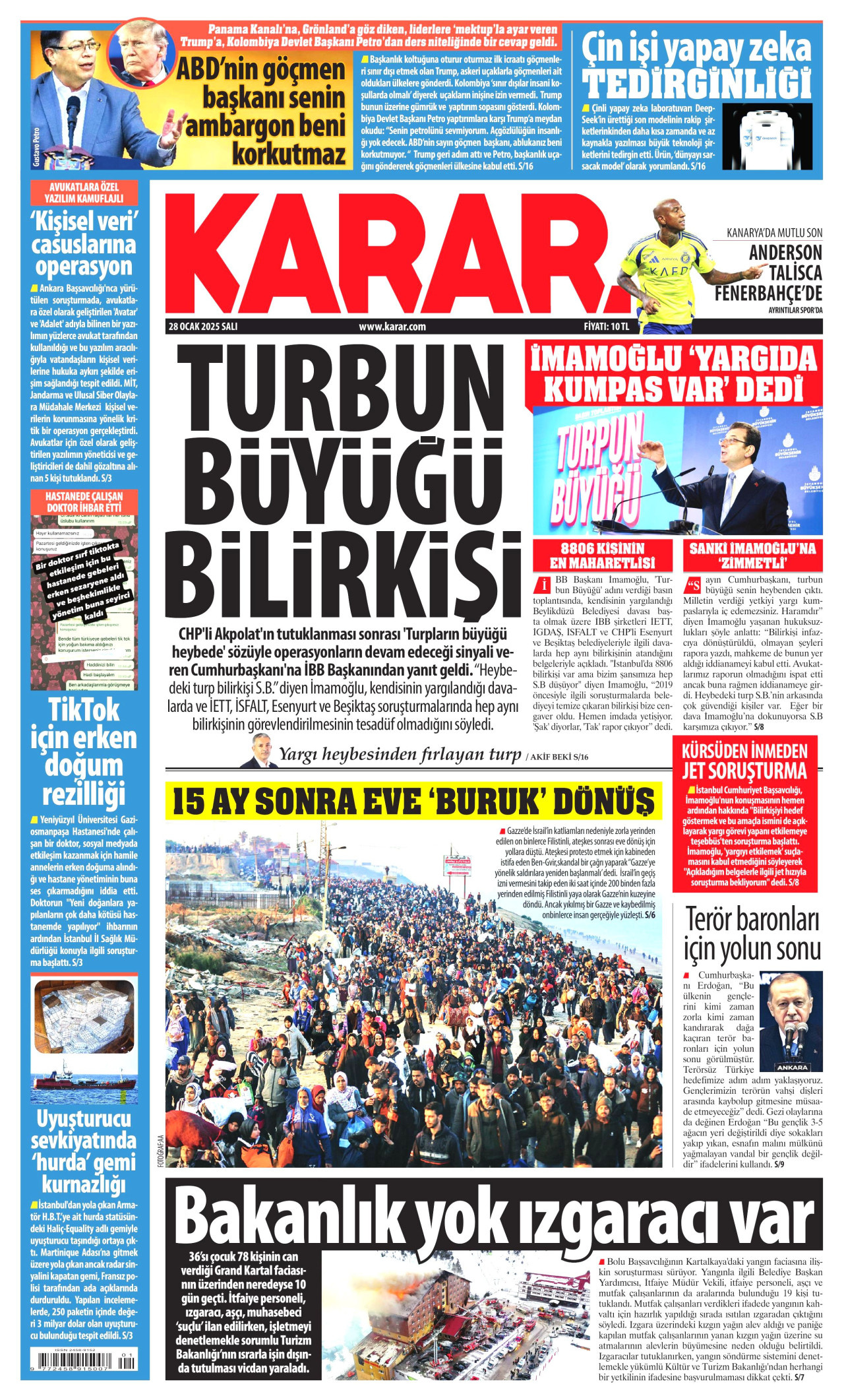KARAR gazetesinin 28 Ocak 2025 tarihli birinci sayfası