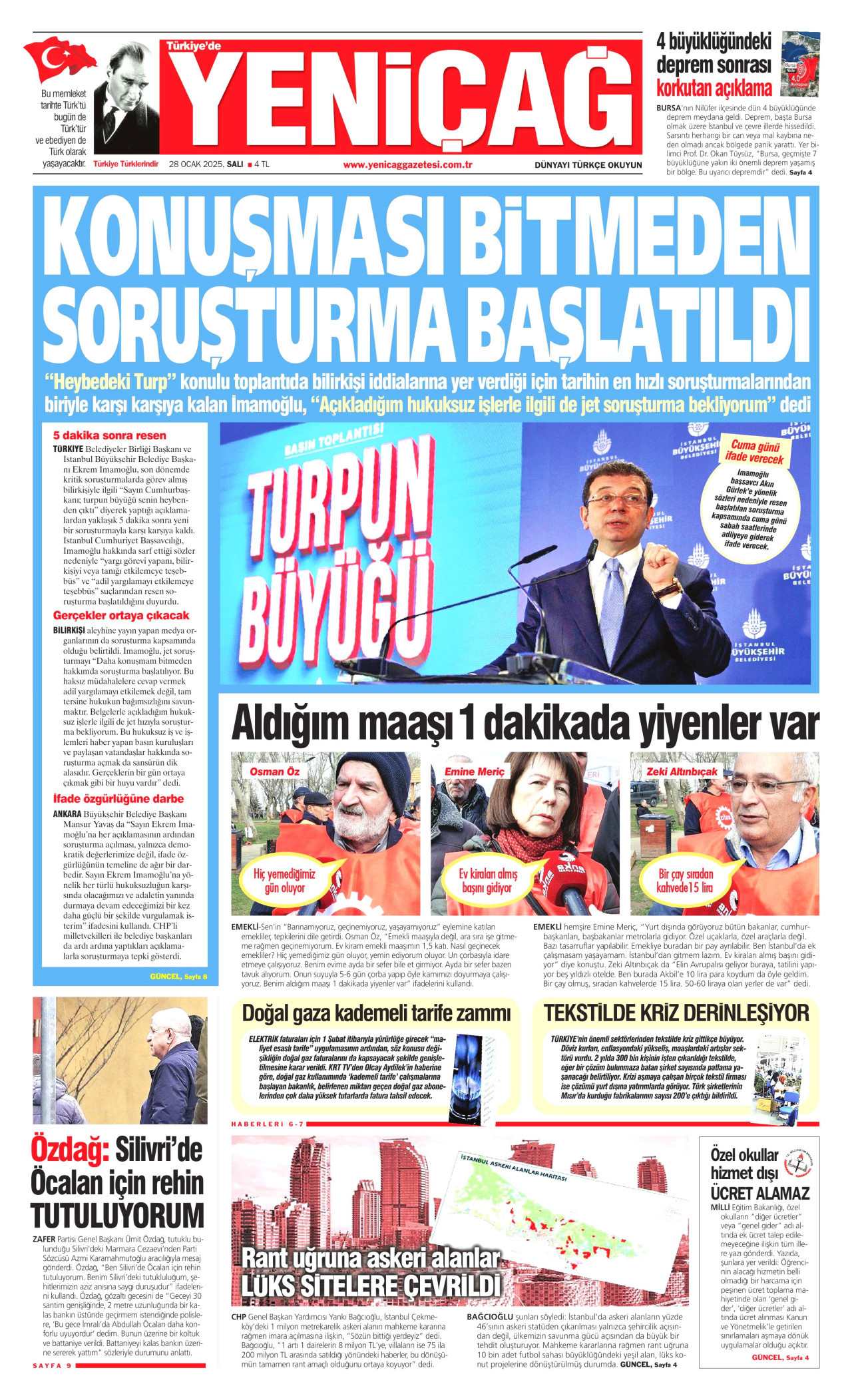 YENİÇAĞ gazetesinin 28 Ocak 2025 tarihli birinci sayfası