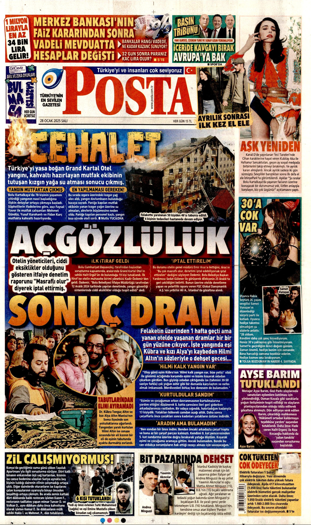 POSTA gazetesinin 28 Ocak 2025 tarihli birinci sayfası