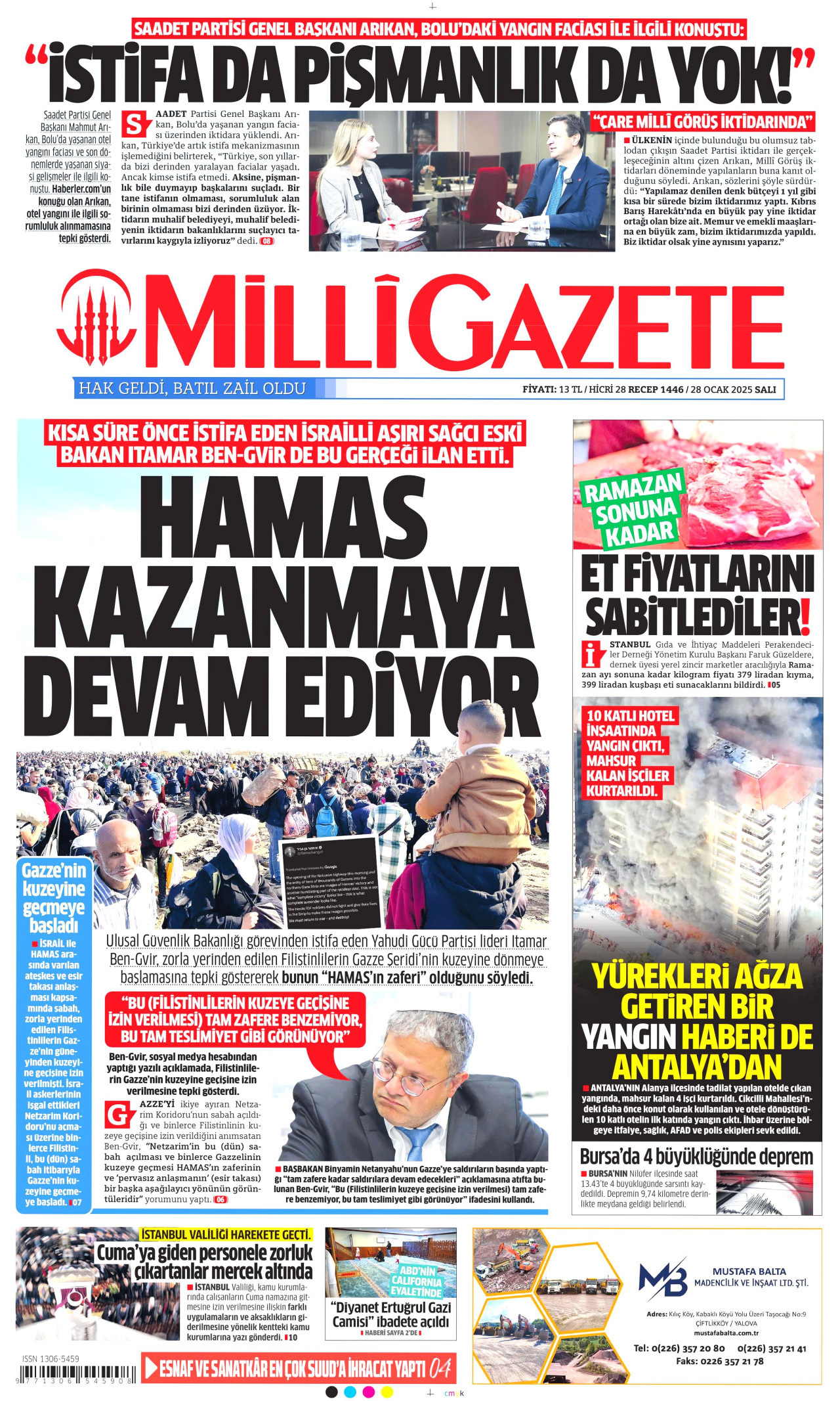 MİLLİ GAZETE gazetesinin 28 Ocak 2025 tarihli birinci sayfası